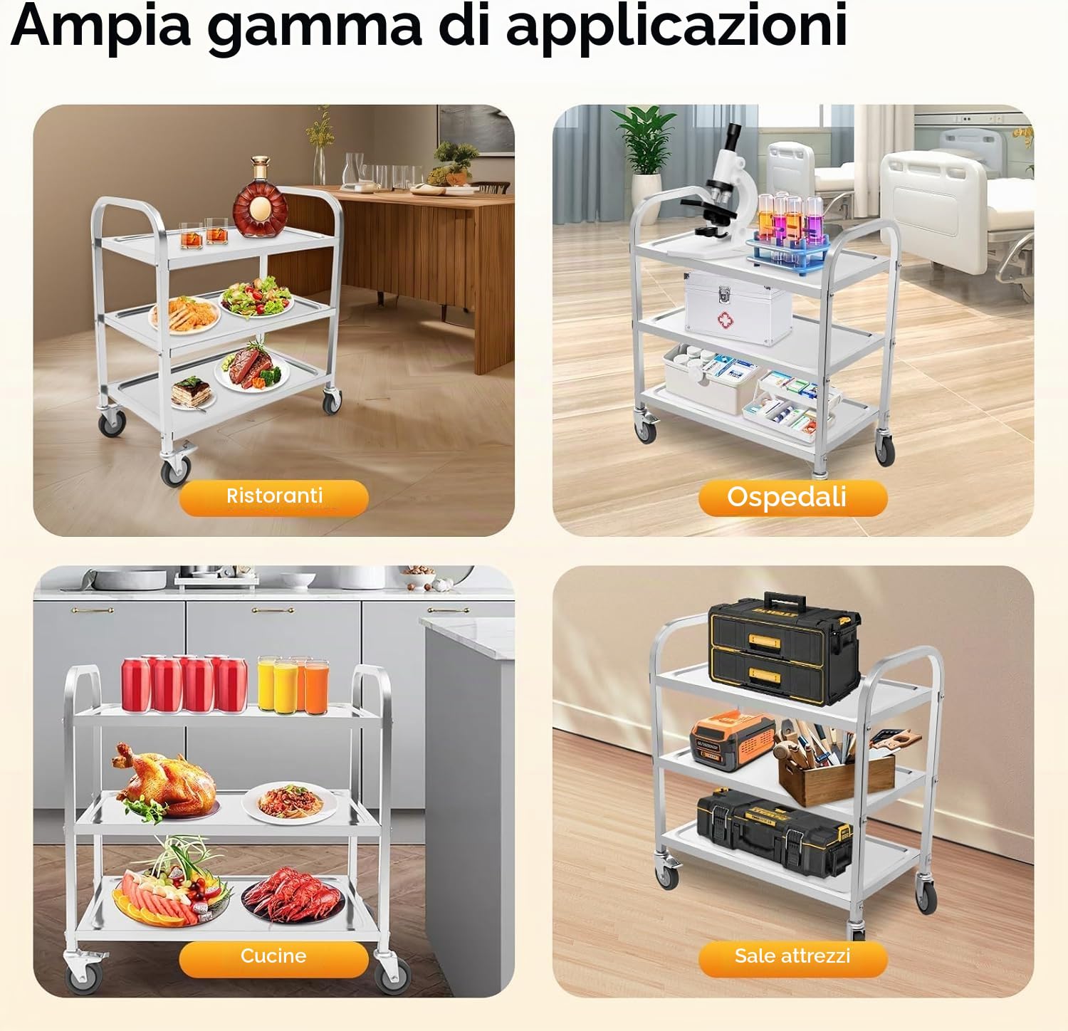 Royal Catering Carrello da servizio professionale in acciaio inox | 3 ripiani + 4 ruote con freno di stazionamento | 75 × 40 × 83,5 cm carrello da cucina per gastronomia, hotel e catering