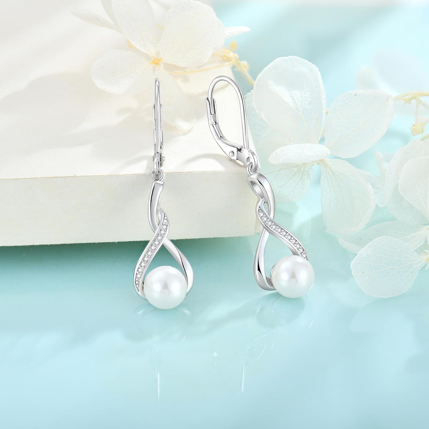 Freshwater Pearl Drop Earrings for Women 925 Sterling Silver Infinity Dangle Leverback Earrings Pearl Jewelry Gifts for Her - Image 4