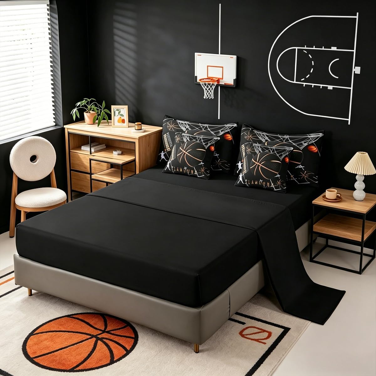 Erosebridal Basketball Court Bedding Sets 7 Piece Twin Size, Basketball Comforter Set for Teen Boys Kids Men Bedroom Decor, Sportsman Slam Dunk Bed in A Bag Sports Games Sheet Set with Comforter