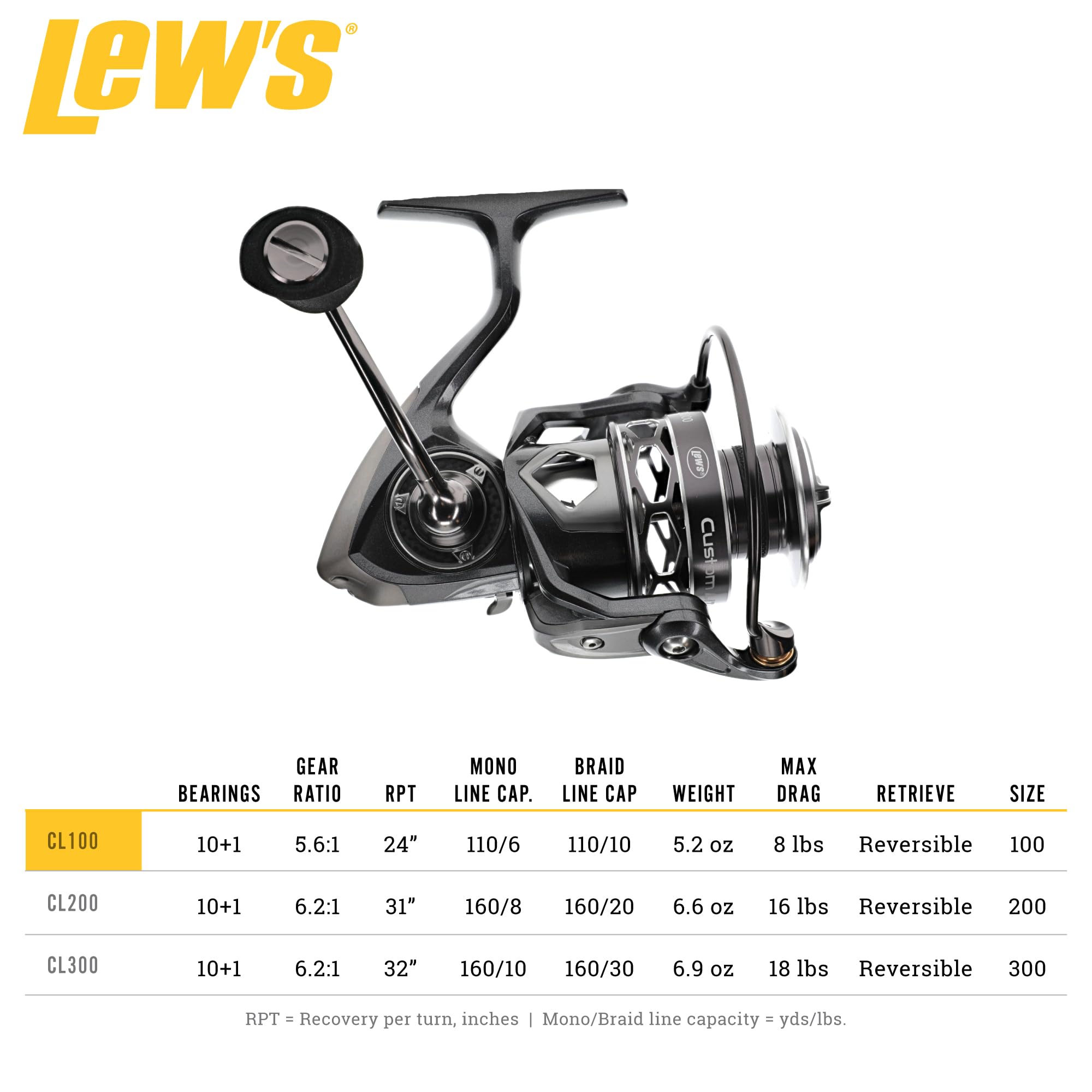 Lew's Custom Lite Spinning Fishing Reel, 10+1 Stainless Steel Ball Bearings, Size 100 Reel, 5.6:1 Gear Ratio, Right or Left-Hand Retrieve, Carbon Grey : Sports & Outdoors