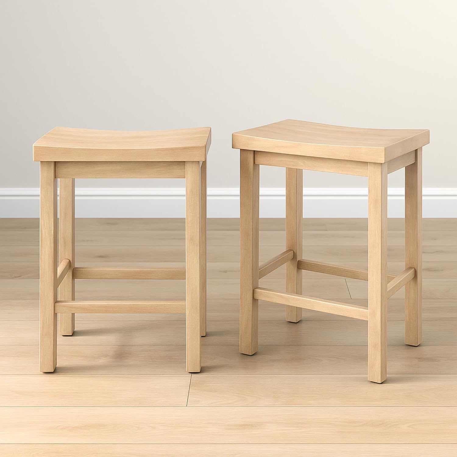 Grain & Grove Smith Collection Set of 2 Solid Wood Counter Height Bar Stools, 24-Inch Saddle Seat Backless Stools, Ideal for Kitchen Island, Dining, or Home Bar Seating, Blonde