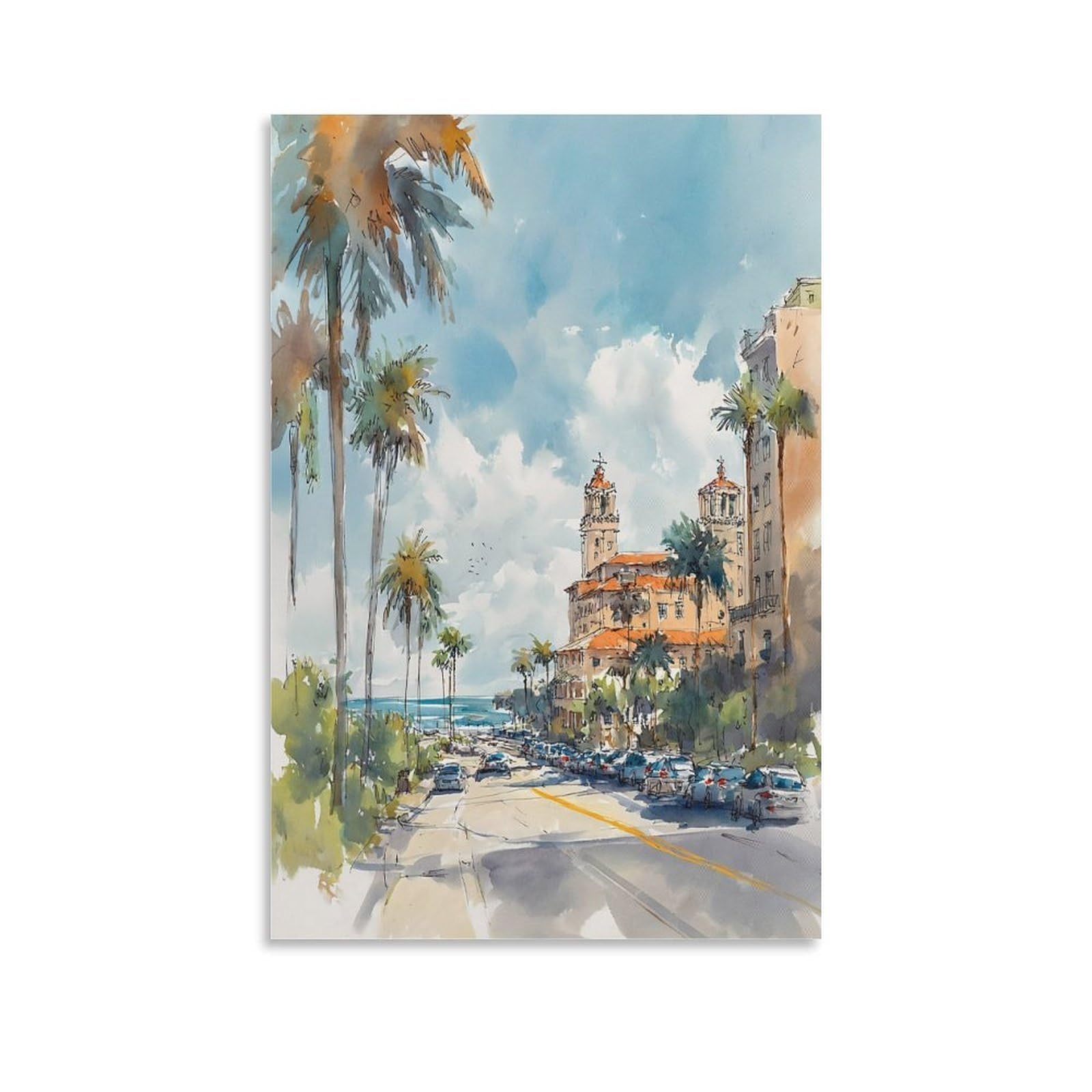 XWYMXZ Miami Watercolor Traditional 20x30inch(50x75cm) Vintage Travel Poster Watercolor Canvas Art