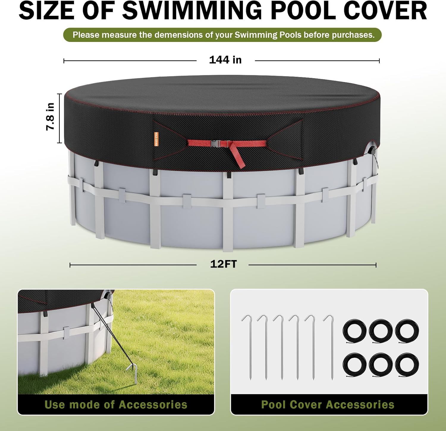 12 Ft Round Pool Cover, Summer Pool Covers Protector with Accessories, Solar Covers for Above Ground Pools,Round Hot Tub Cover Ideal for Waterproof and Dustproof