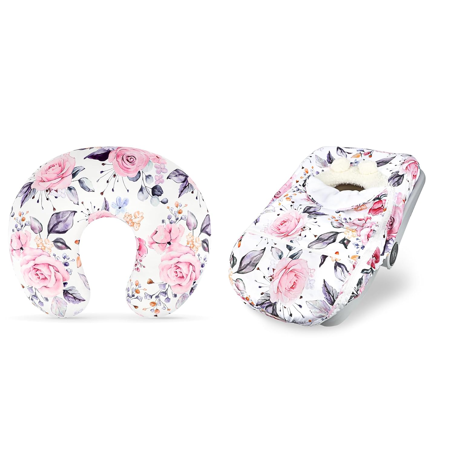 Pea Pod Pack of Nursing Pillowcase and Winter Baby Car Seat Cover Set, Baby Must Have (Pink Floral)