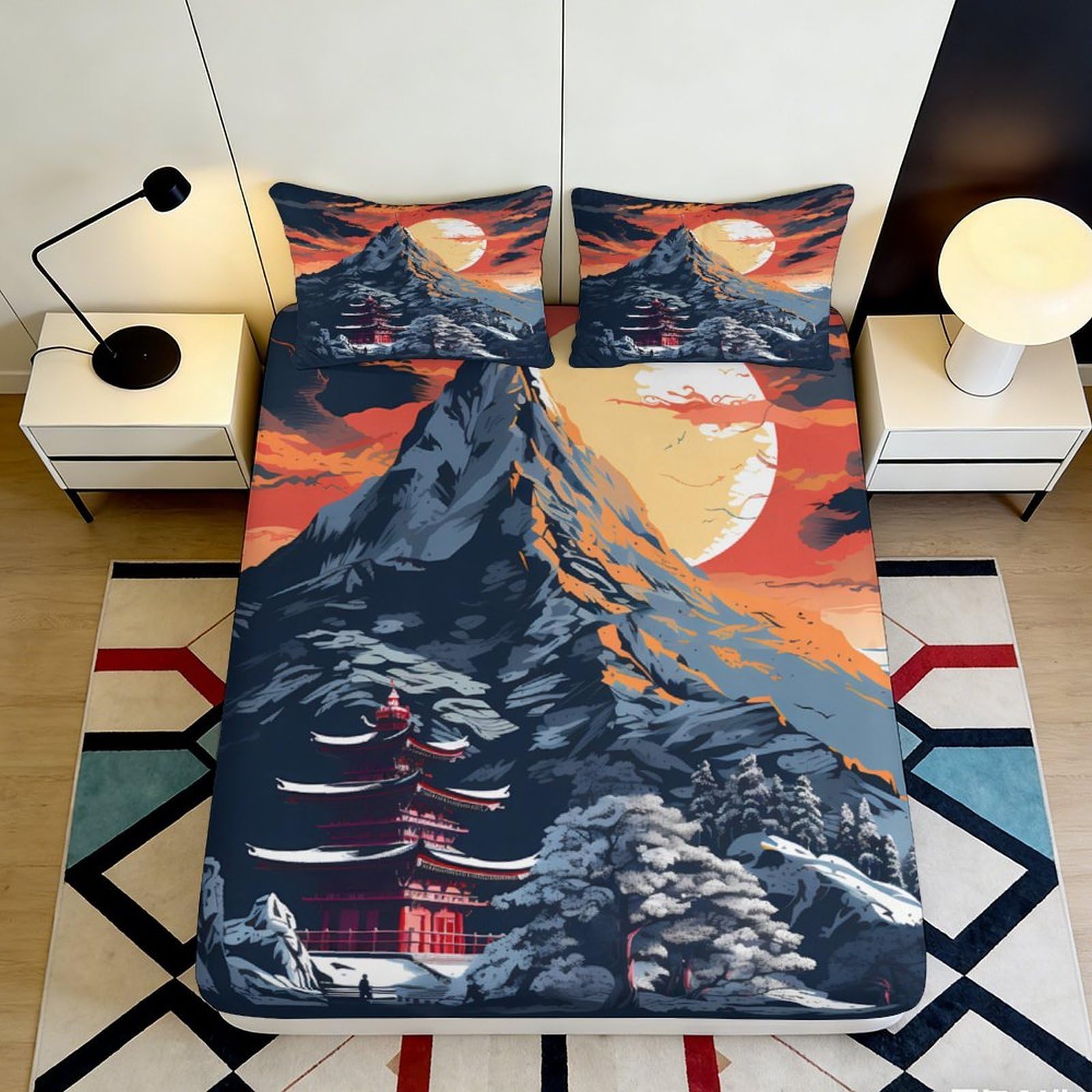 3D Printed Mountain Sunset Fitted Sheet Microfiber Soft Japanese Pagoda Bed Cover for Bedroom Dorm Decor 90x200x25cm