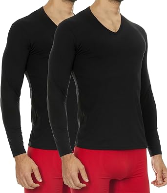 Thermajohn Thermal Shirts for Men V-Neck Long Sleeve Thermal Compression Shirts for Men Base Layer Cold Weather 2 Pack, Black, 2X-Large
