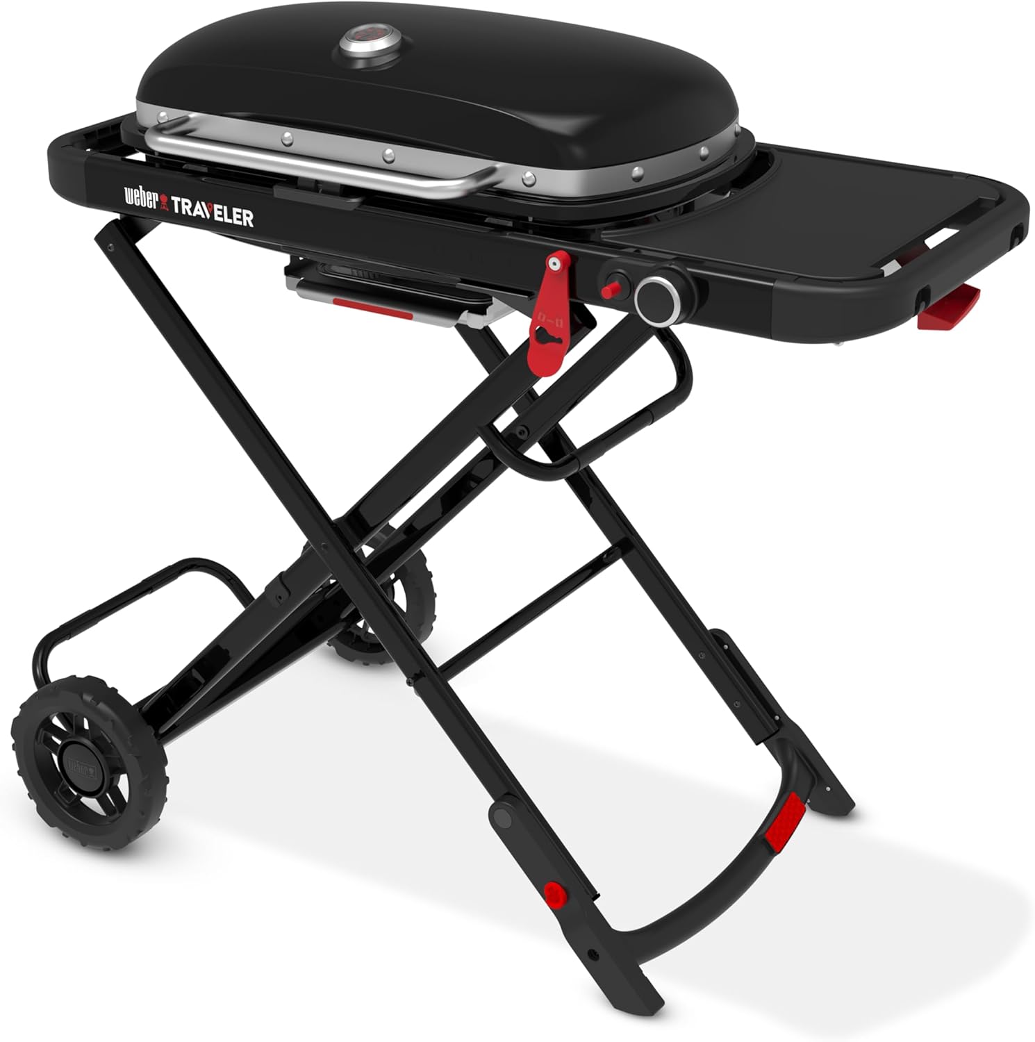 Weber Traveler® Portable Gas Grill (Liquid Propane) for Outdoor Cooking – Black, Porcelain-Enameled Lid, Side Table, Folding Portable Grill with Wheels for Camping, Tailgating & Travel