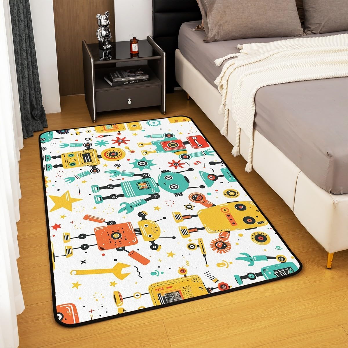 Cartoon Robot Area Rug 3x5 Cute Star Geometric Rug for Bedroom Living Room Modern Sci-Fi Robot Carpet Non Slip Repair Tools Screw Print Floor Mat Decorative Accent Rug Non Shedding image 4