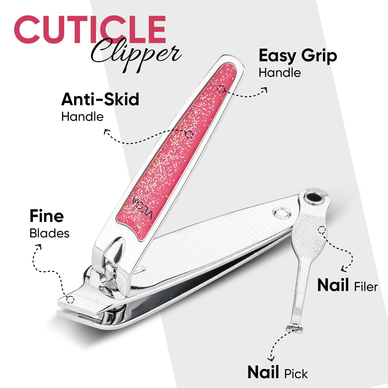 Vega Cuticle Trimmer for Women & Men | Cuticle Remover for Manicure & Pedicure with Nail Filer & Nail Pick | Sharp Precision Blades, Anti-Slip Grip, Salon Quality Nail Care Tool | (CNC-01) 4