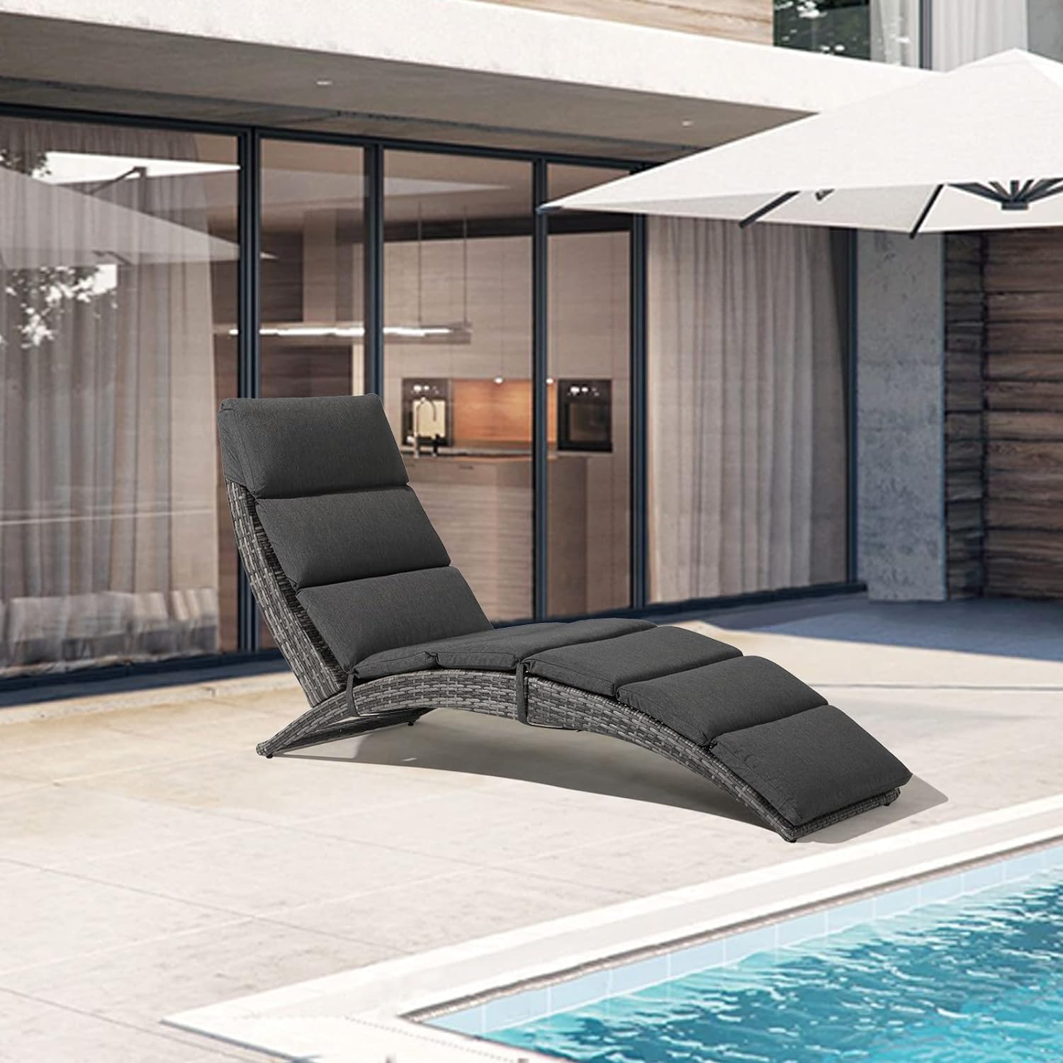 JOIVI Patio Chaise Lounge, Outdoor Lounge Chair, PE Rattan Folding Chaise Lounger with Removable Dark Gray Cushion, Suitable for Poolside, Garden,