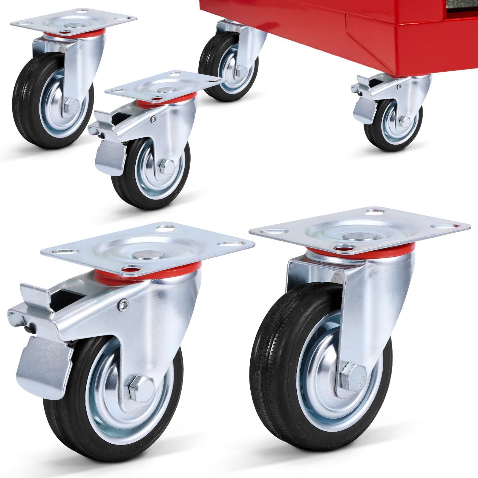 4 Stück Schwerlastrollen 200mm, Zwei 360° Drehbar Transportrollen und Zwei lenkrolle mit Bremse, Hohe TragfäHigkeit Vollgummi Laufrollen für Werkbank Werkzeugwagen und Möbel