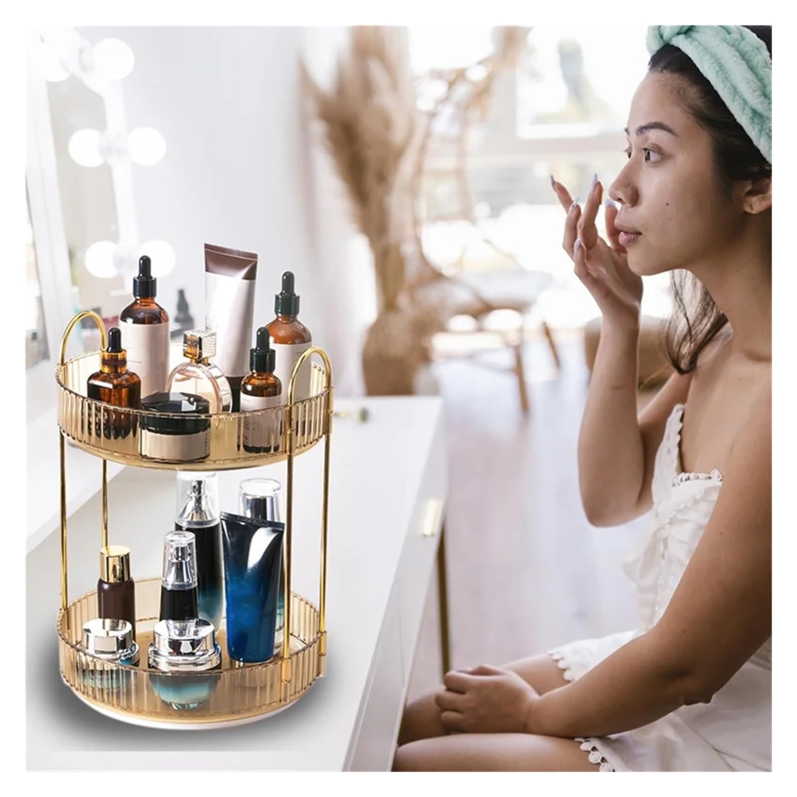 Perfume Organiser Rotating Makeup Organizer 2 Tier Lazy Trays Skincare Perfume For Bathroom Counter Vanity, Amber Gold