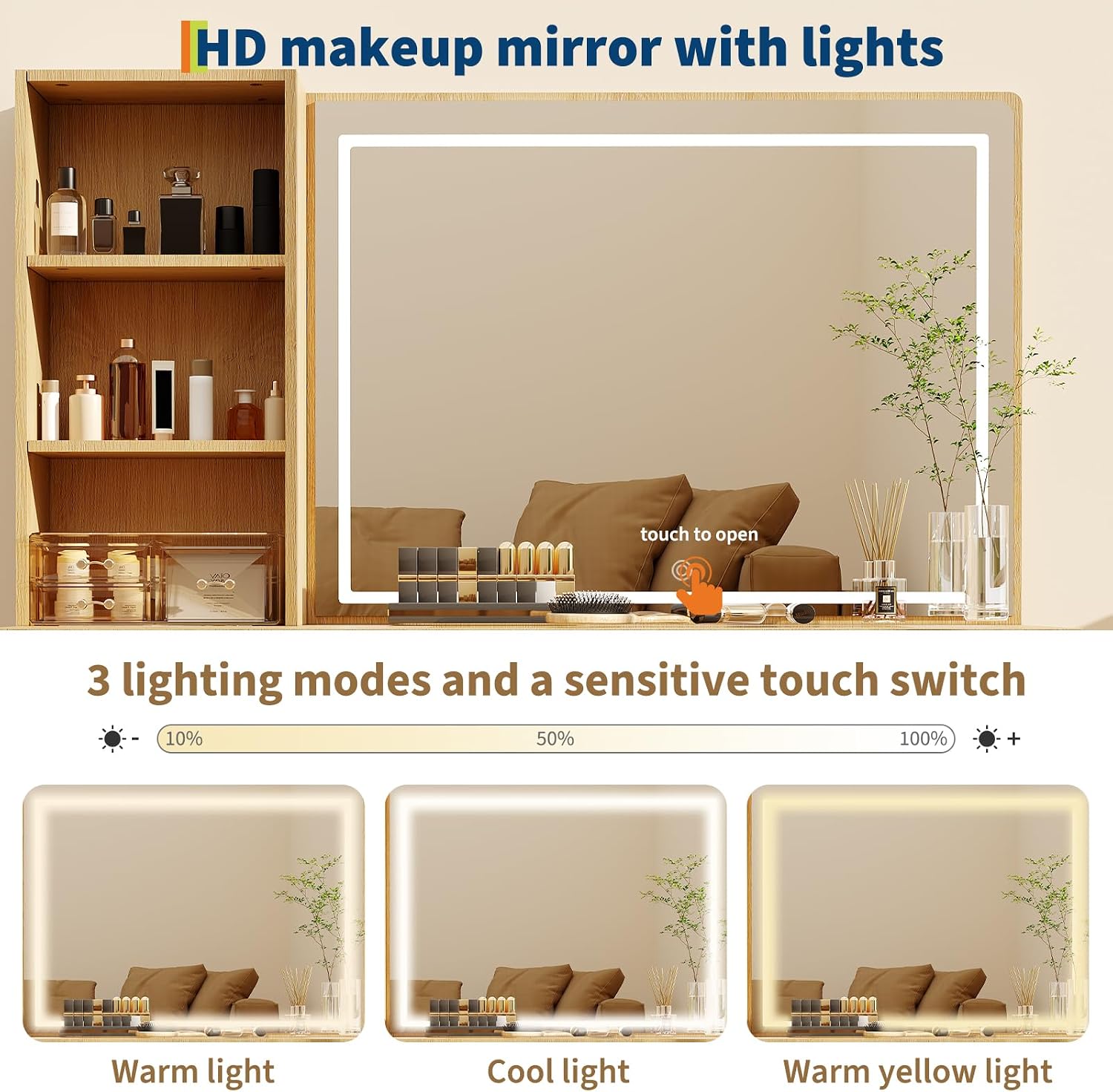 GarveeHome Extra Large Makeup Vanity with 6 Drawers and Charging Station, 52" Fluted Dressing Table with 36" Mirror & Lights, Modern Oak Vanity Set with Adjustable Shelves & Glass Top for Women, Girls