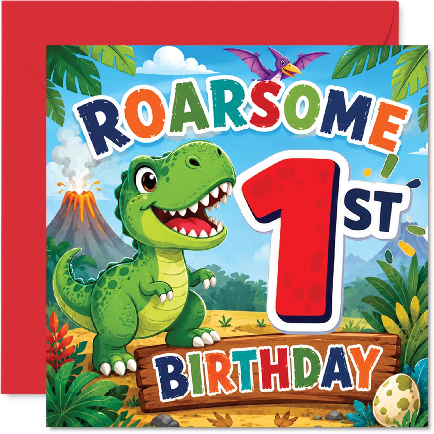Playful 1st Birthday Card - Dino-sized Cheers for Turning One - Colourful Cartoon T-Rex and Volcano Design - Bursting with Celebratory Fun - 145mm Square, Envelope Included