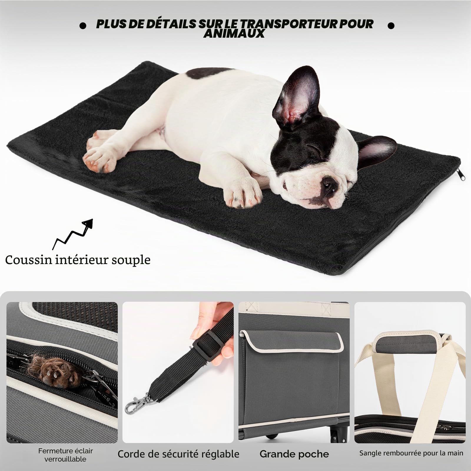 Petsfit Sac Transport Chat avec roulettes Amovibles, Grand Sac de Transport pour Chat pour 2 Chats, Pliable sur roulettes, Chats ou Chiens de Taille Moyenne, avec Fond Imperméable, L/Gris