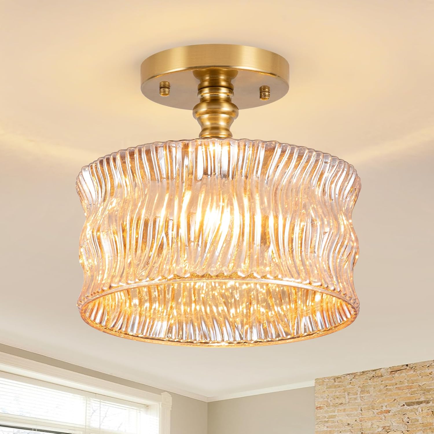 Semi Flush Mount Ceiling Light, Vintage Small Ceiling Light Fixture with Amber Glass Shade for Kitchen,Hallway, Living Room,Bedroom,Corridor, Bulb Not Included，10.62inch