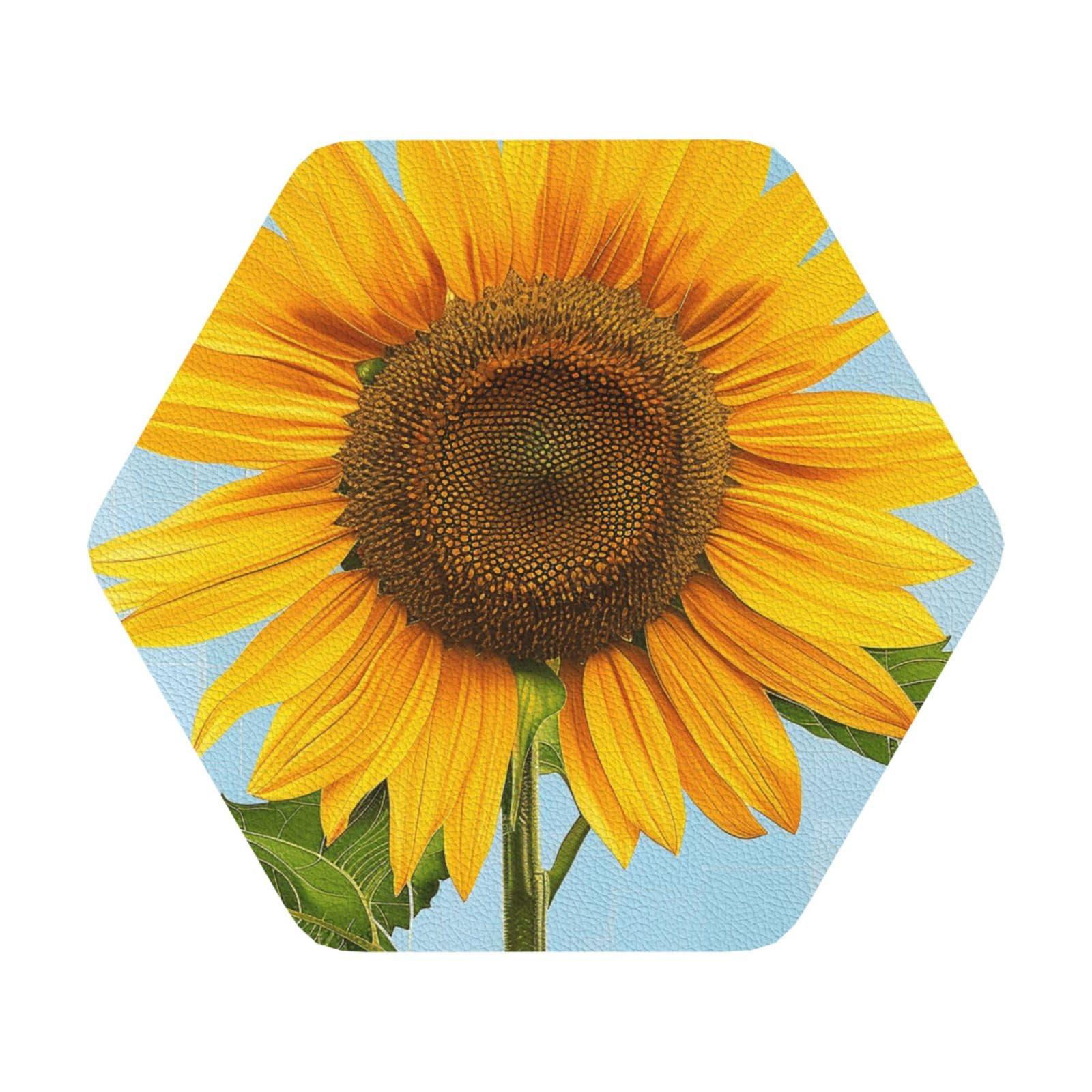 Bloom Sunflowers Print Leather Coaster Set of 6, Hexagon Coasters Table Decorative Coffee Cup Beverage Coasters Wine Beer Bar Coasters for Hot Drinks Table Protection