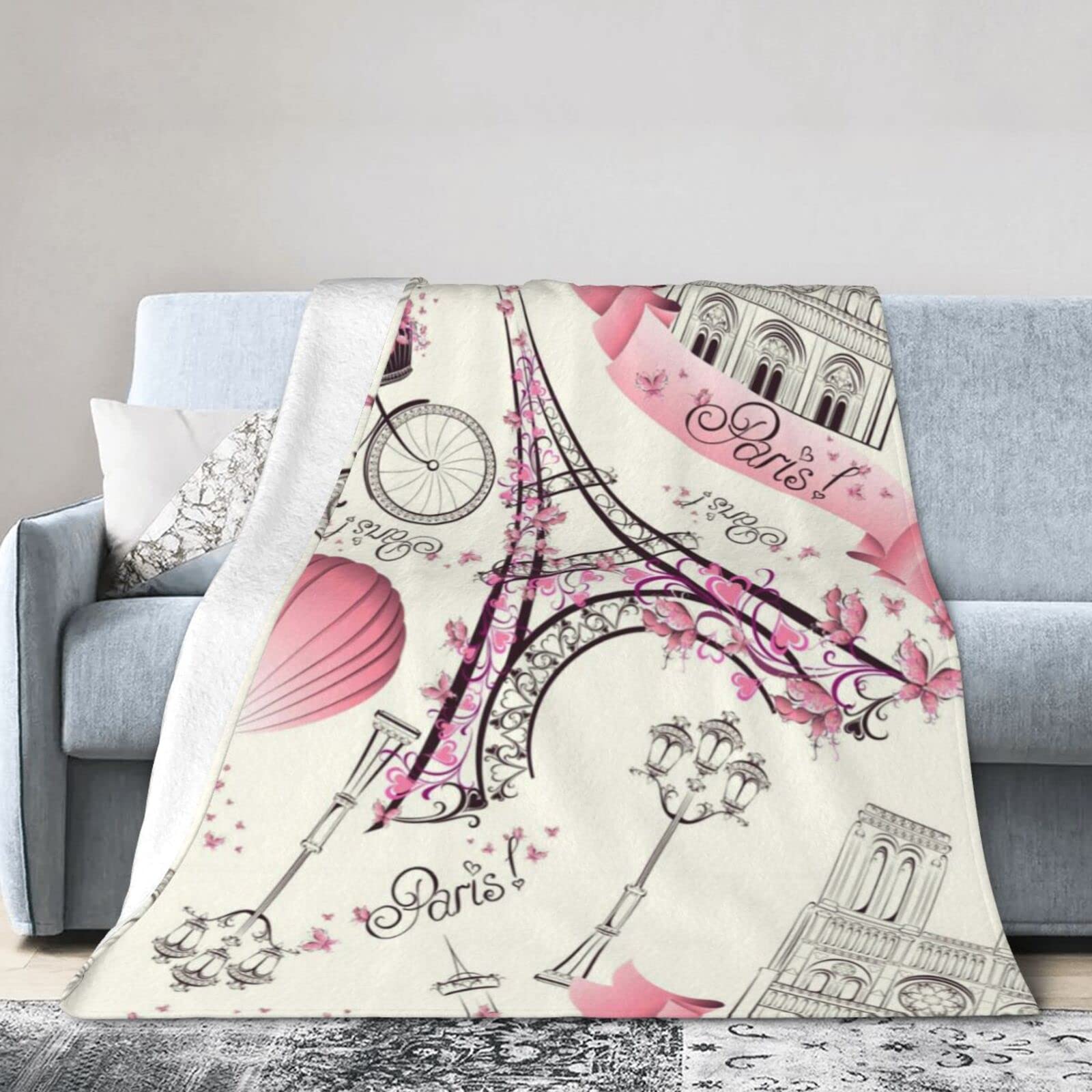 Lsjuee Throw Blanket Printed Eiffel Tower Pattern Warm Cozy Soft Lightweight Flannel Fleece Blanket for Bedroom Sofa Room Home Decorative Fuzzy Blanket