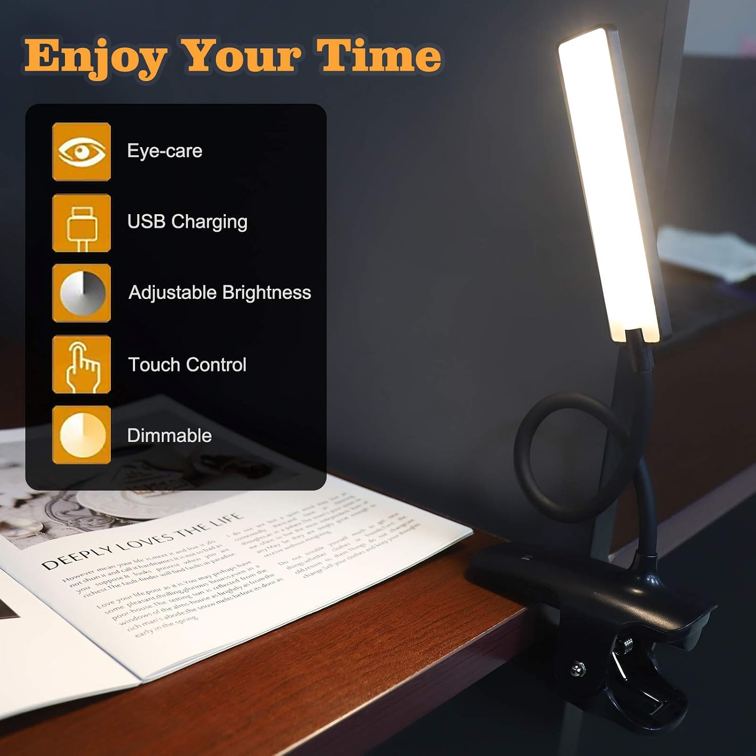deaunbr LED Reading Light with Clip USB Rechargeable Book Lights, 24 LEDs Flexible Neck Night Bed Lamp, Touch Control Portable Clamp Desk Lamps for Bed Headboard, Computers -Black