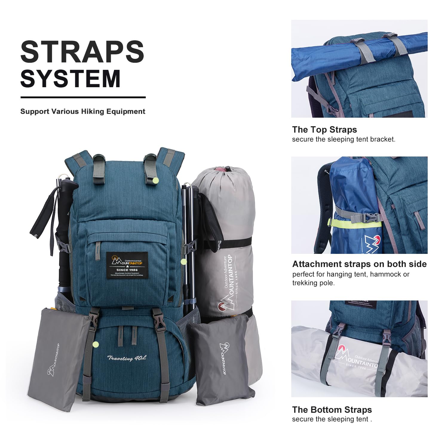 MOUNTAINTOP Mochila de senderismo de 40 litros para mujeres y hombres, para viajes al aire libre, camping, mochila de día con cubierta para la lluvia, 21.7 x 13 x 7.9 pulgadas, color azul ahumado