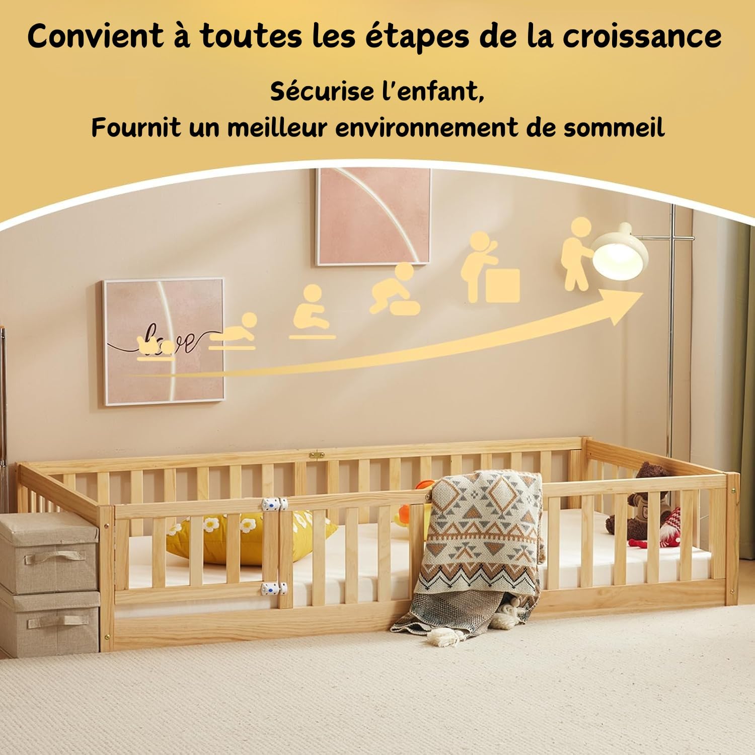 Montessori Lit d'enfant Lit au Sol 140x200 cm - Bois Massif avec Porte et Barrière Sécurisée - 12 Lattes Renforcées, Garde-Corps Intégré - pour Enfants et Bébés (Couleur Naturelle)