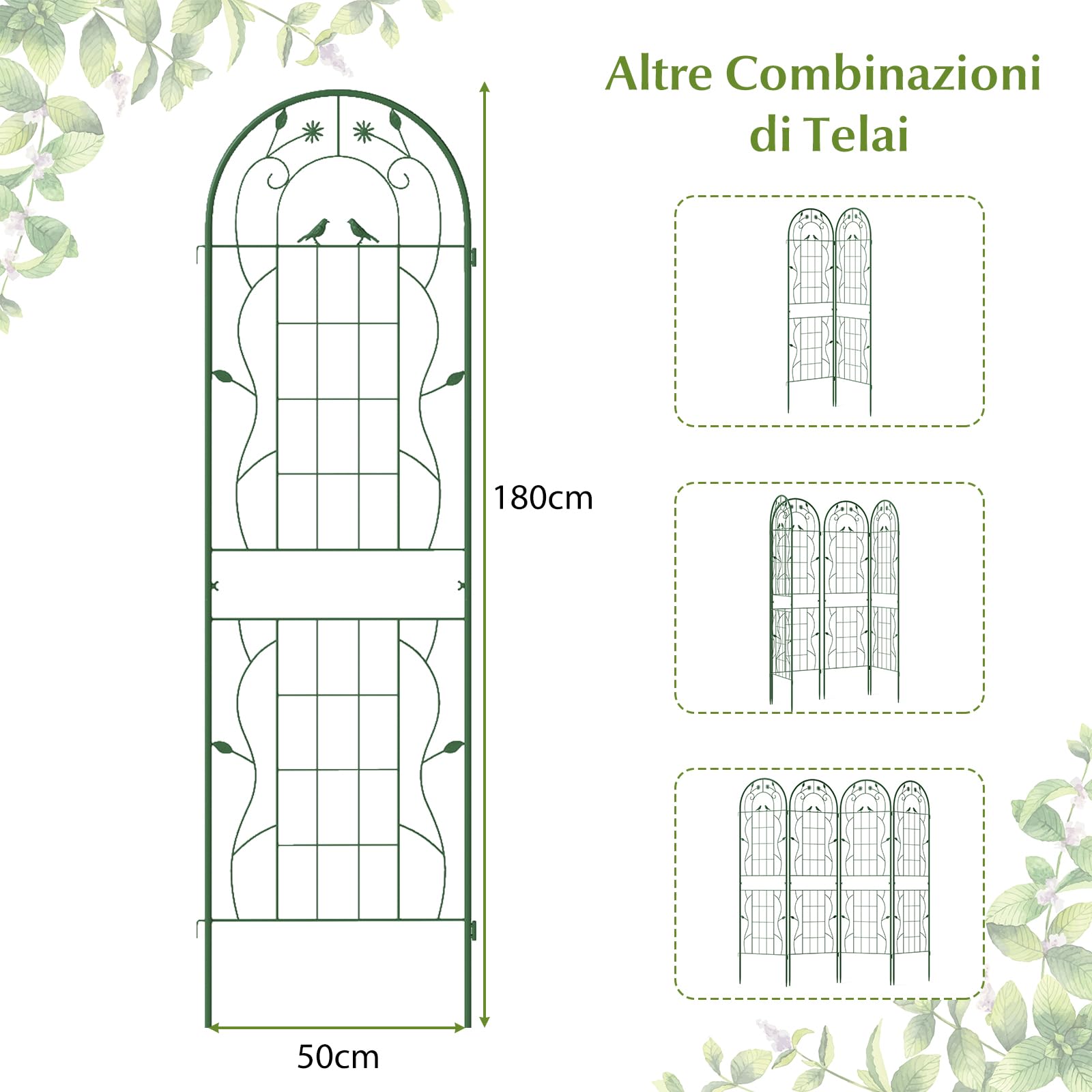 COSTWAY Traliccio da Giardino in Metallo 180 x 50 CM, 4 Pannello di Recinzione Antiruggine per Piante Rampicanti, Rose e Verdure, Decorazione Esterna per Giardino, Cortile, Patio (Verde)