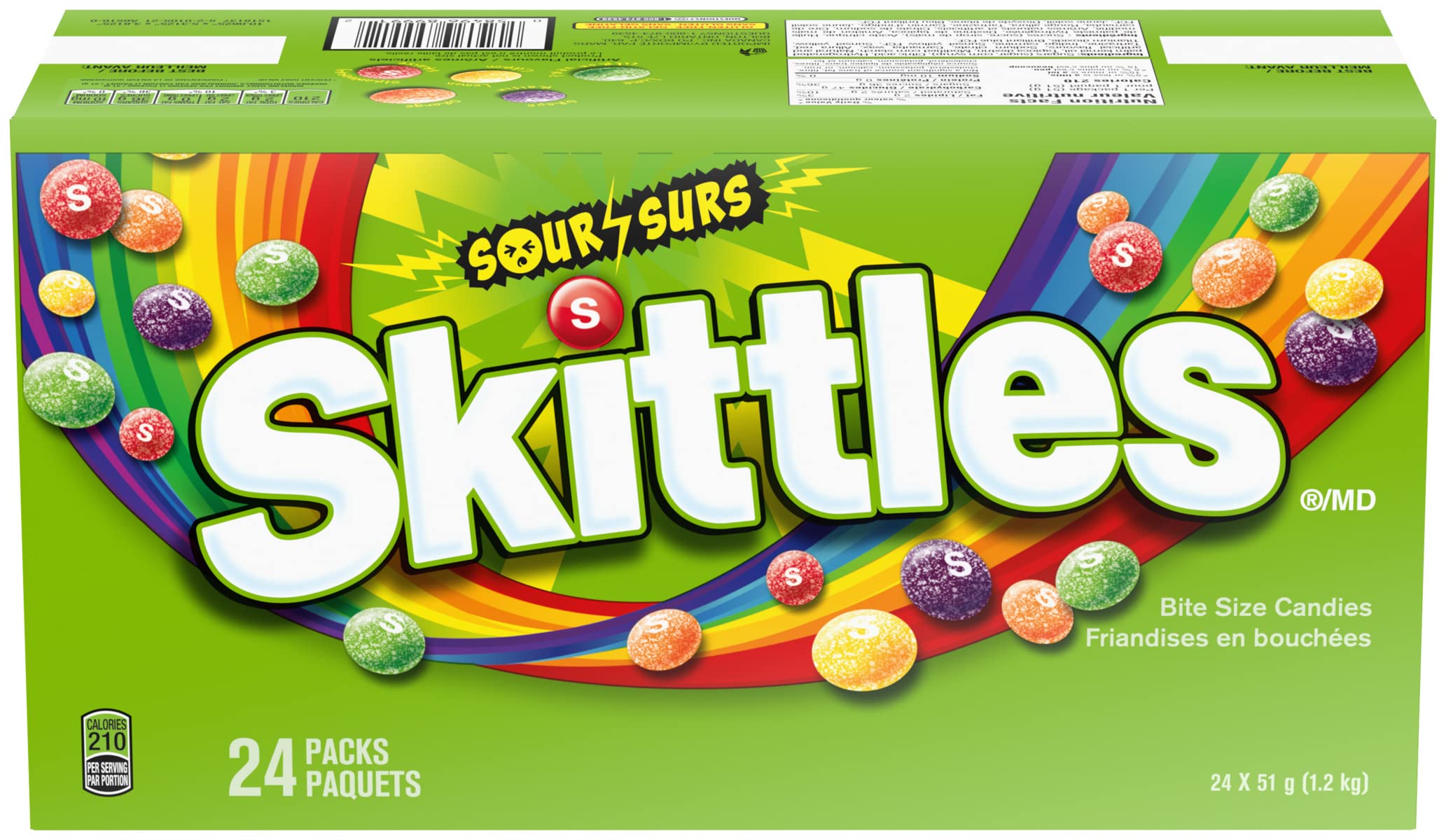 Skittles Sours Chewy Fruit Candy 51g x 24pk, Gluten-Free, Gelatin-Free, Sour Flavors: Lime, Lemon, Orange, Strawberry, Grape