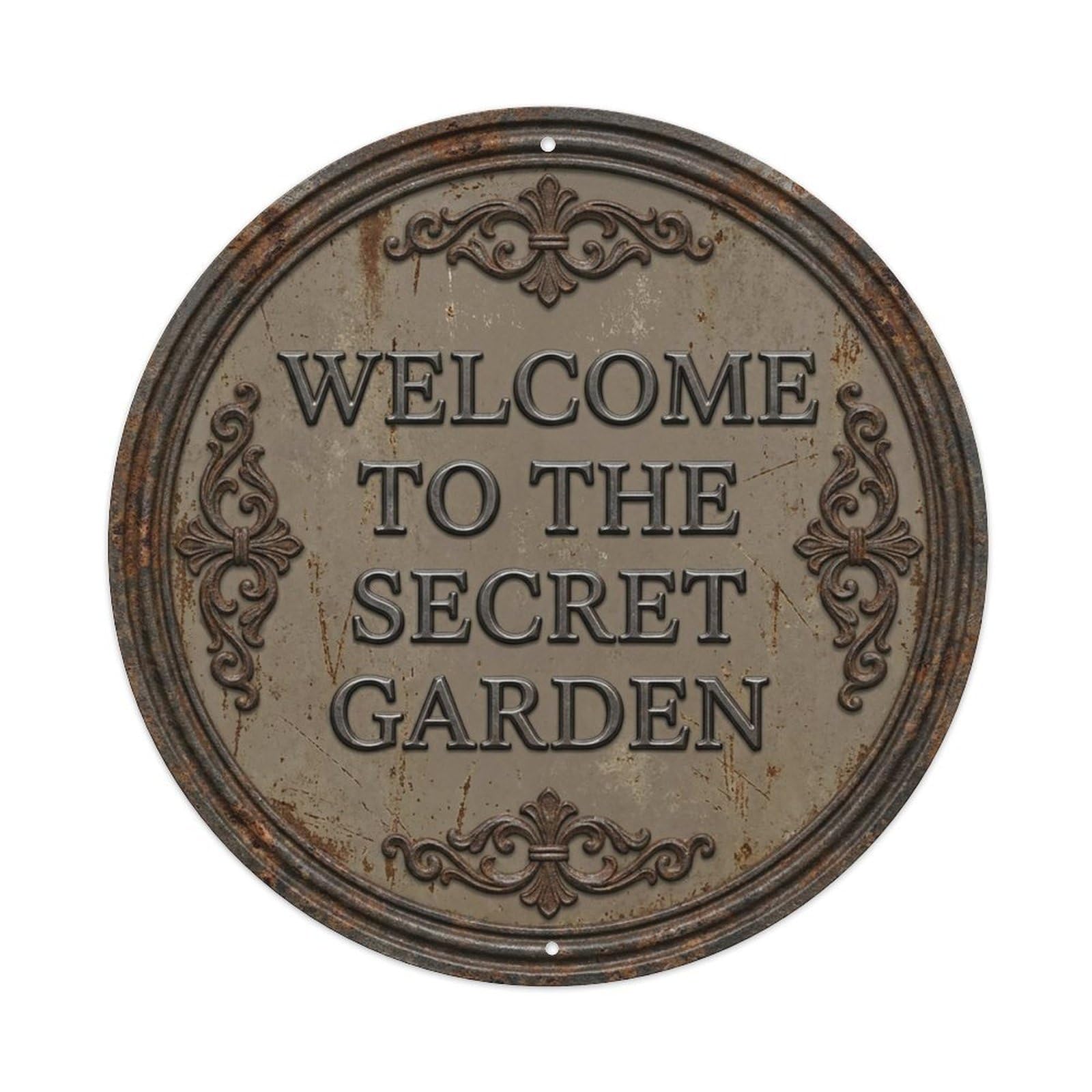 Vintage Welcome Secret Garden Iron Taupe Filigree Metal Tin Sign