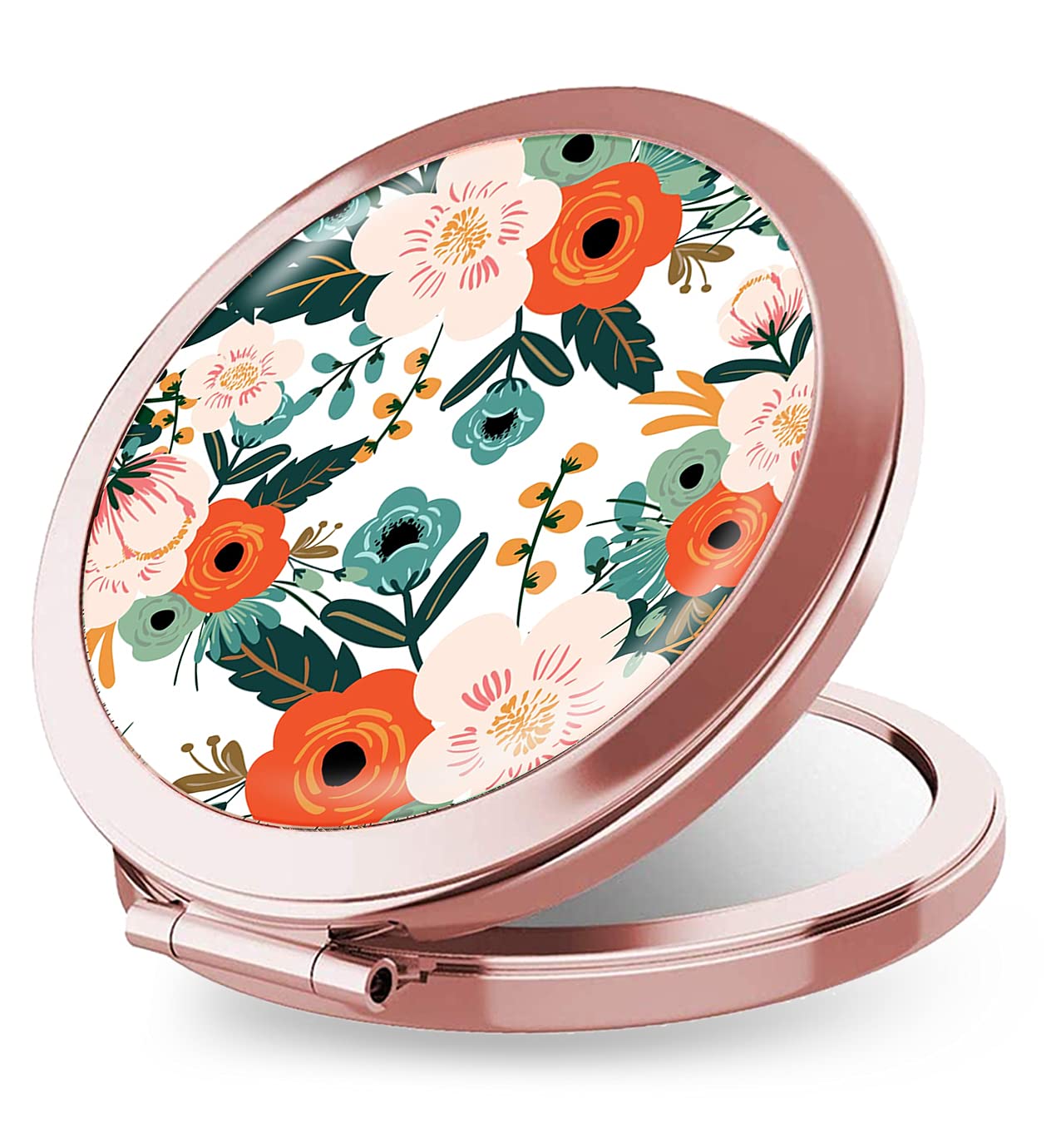 Roségold Klappspiegel – Runder Taschenspiegel Mit 2-facher Vergrößerung, Aquarell-Blumenmuster, Faltbar Für Handtasche