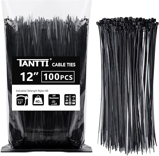 Zip Ties 12 inch, Black Zip Ties 100 pack, 40lb, Cable Ties, Self-locking Wire ties for indoor and outdoor use, by Tantti