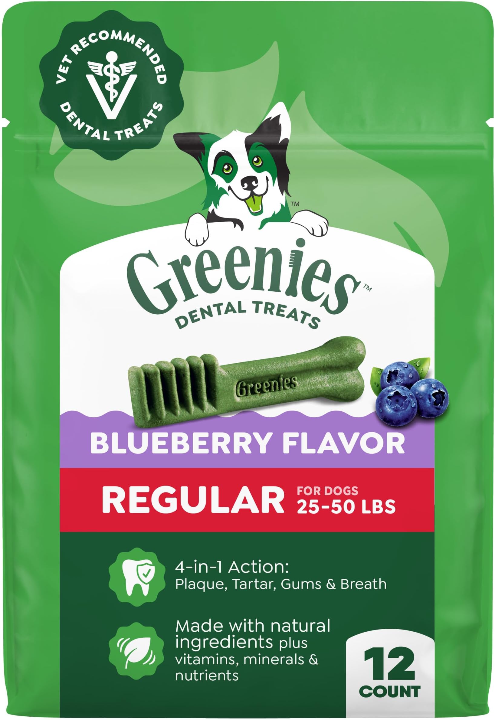 Veterinarian-Recommended Natural Dental Dog Treats, Dental Chews for Dogs, Regular Size, Blueberry Flavor, 12 oz. Pack, 12 Count