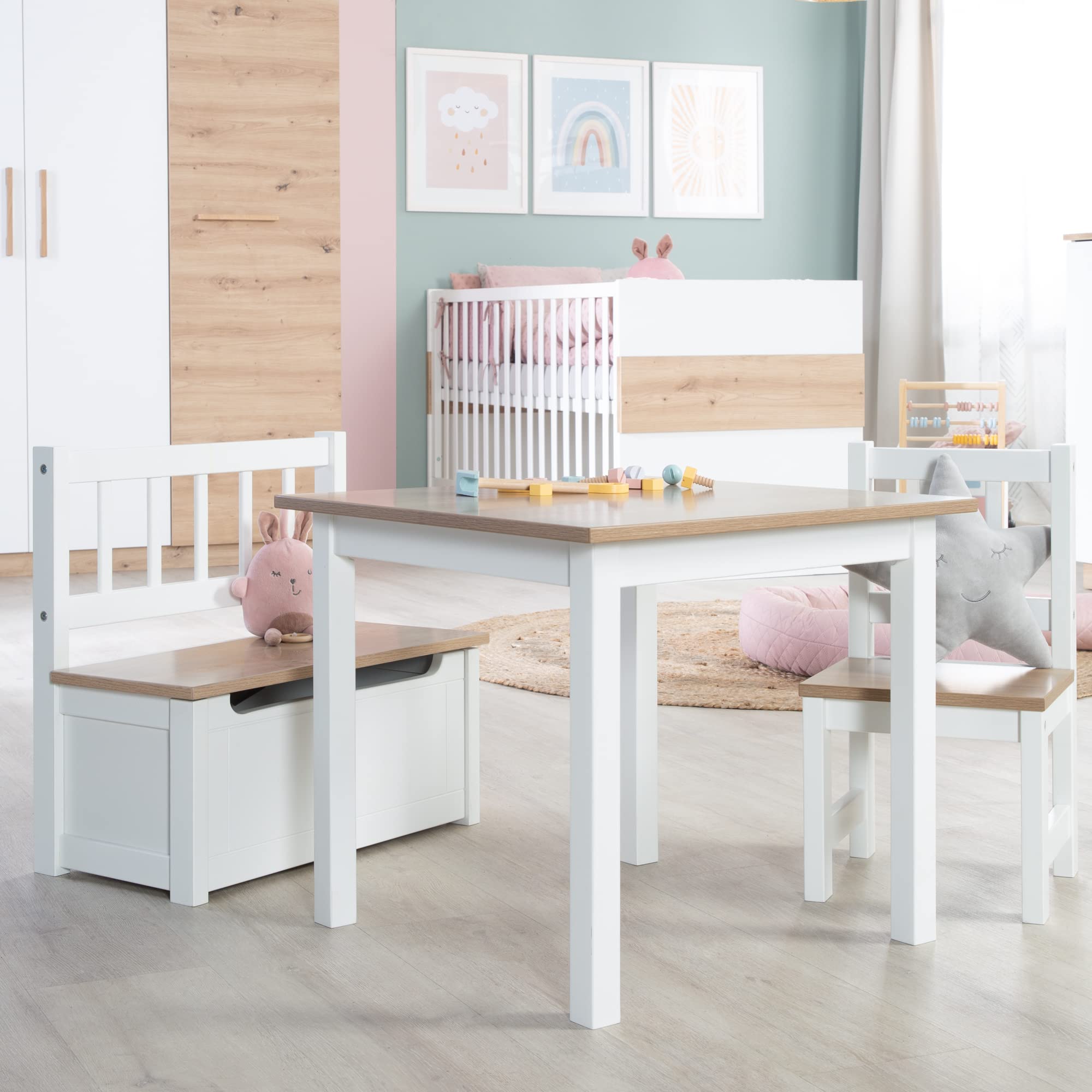 roba Ensemble Table et 2 Chaises Enfants Woody - Plateau et assises en Aspect Bois - Résistants aux Rayures - pour Filles et Garçons de 2 Ans et Plus - Blanc