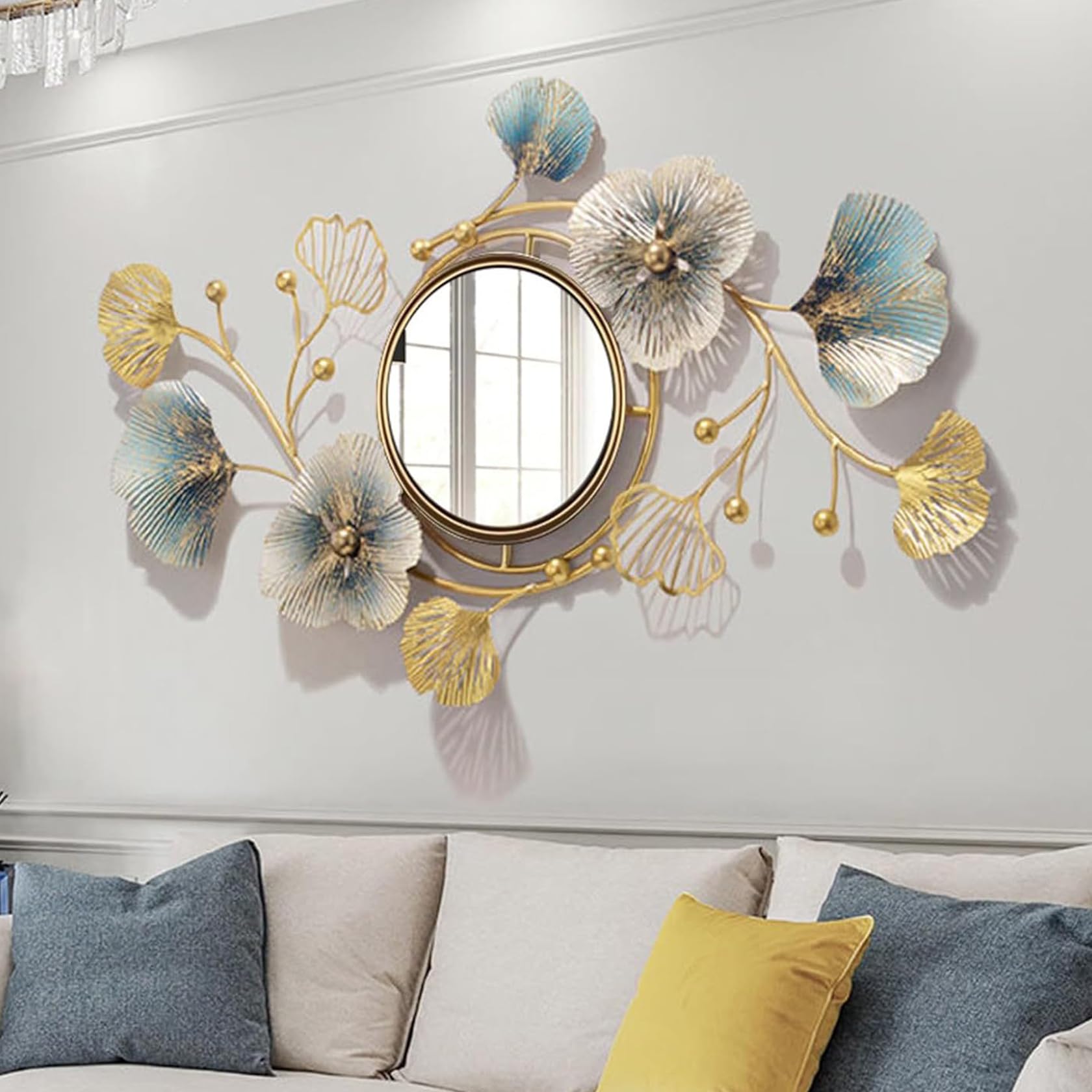 GERHWASH Espejo de pared grande con hojas de ginkgo, 150 × 68 cm, espejo de metal creativo para salón, dormitorio, soporte de pared decorativo