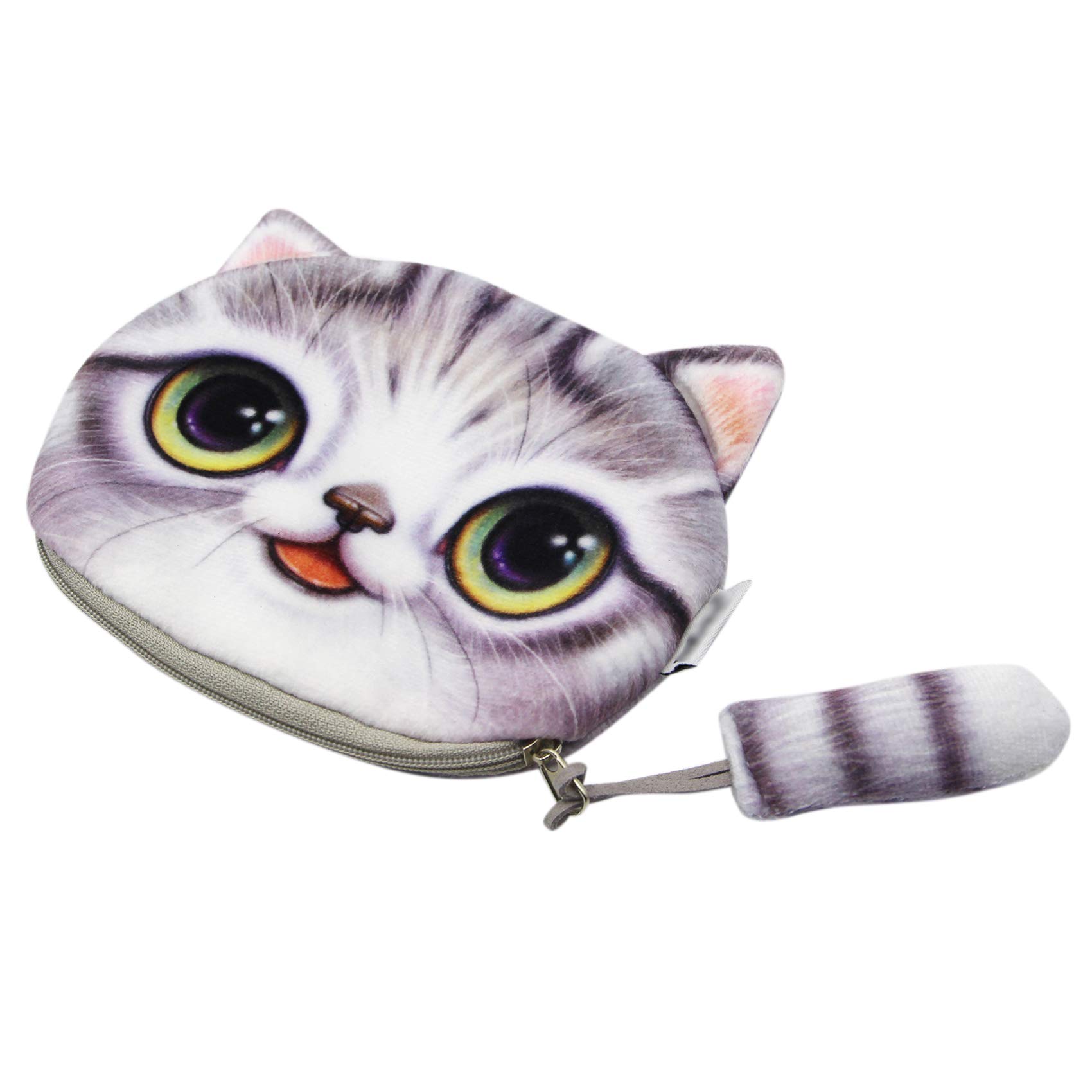 Cute 3D Plush Cat Face Coin Purse Kitty Money Bag Pouch Wallet Storage Cosmetic Makeup Case with a Cat Tail Zipper. Grey
