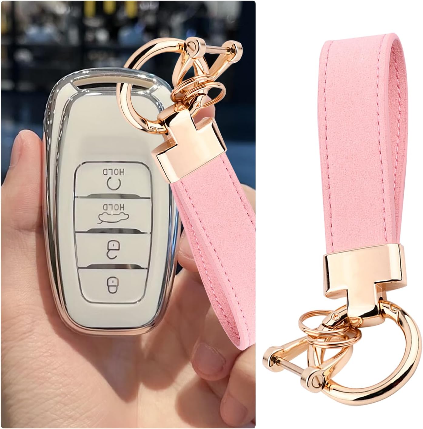 1 PC Car Key Fob, Leather Suede Horseshoe Pendant, Unisex Car Key Fob Holder Decoration (Pink & Gold)