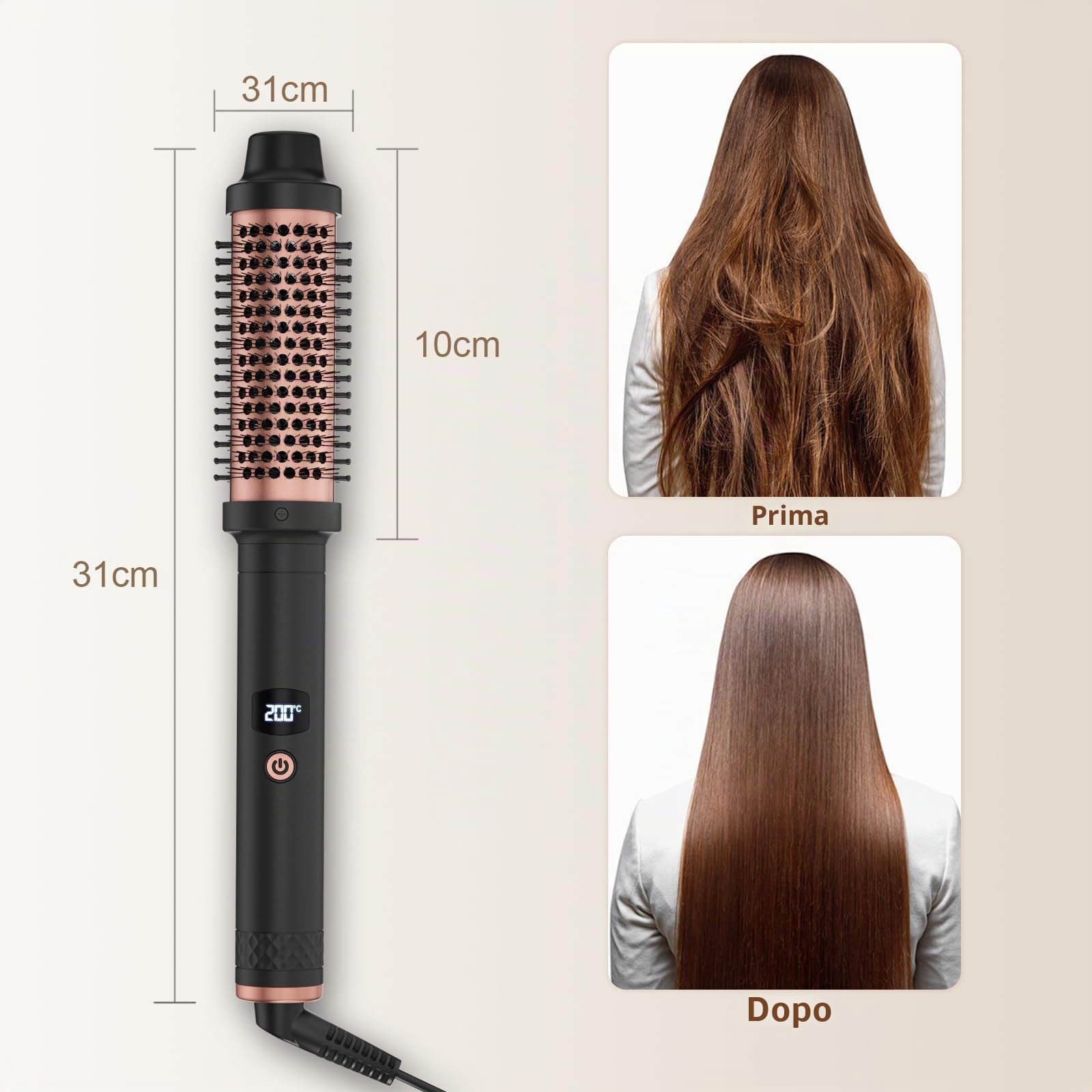 Qingning Spazzola Termica 38mm, Thermal Brush con Display Digitale LCD 120-200 ℃, Spazzola Arricciacapelli per Capelli Ricci, Spazzola Rotonda Spazzola Lisciante per Capelli Lunghi e Corti (Dorato)