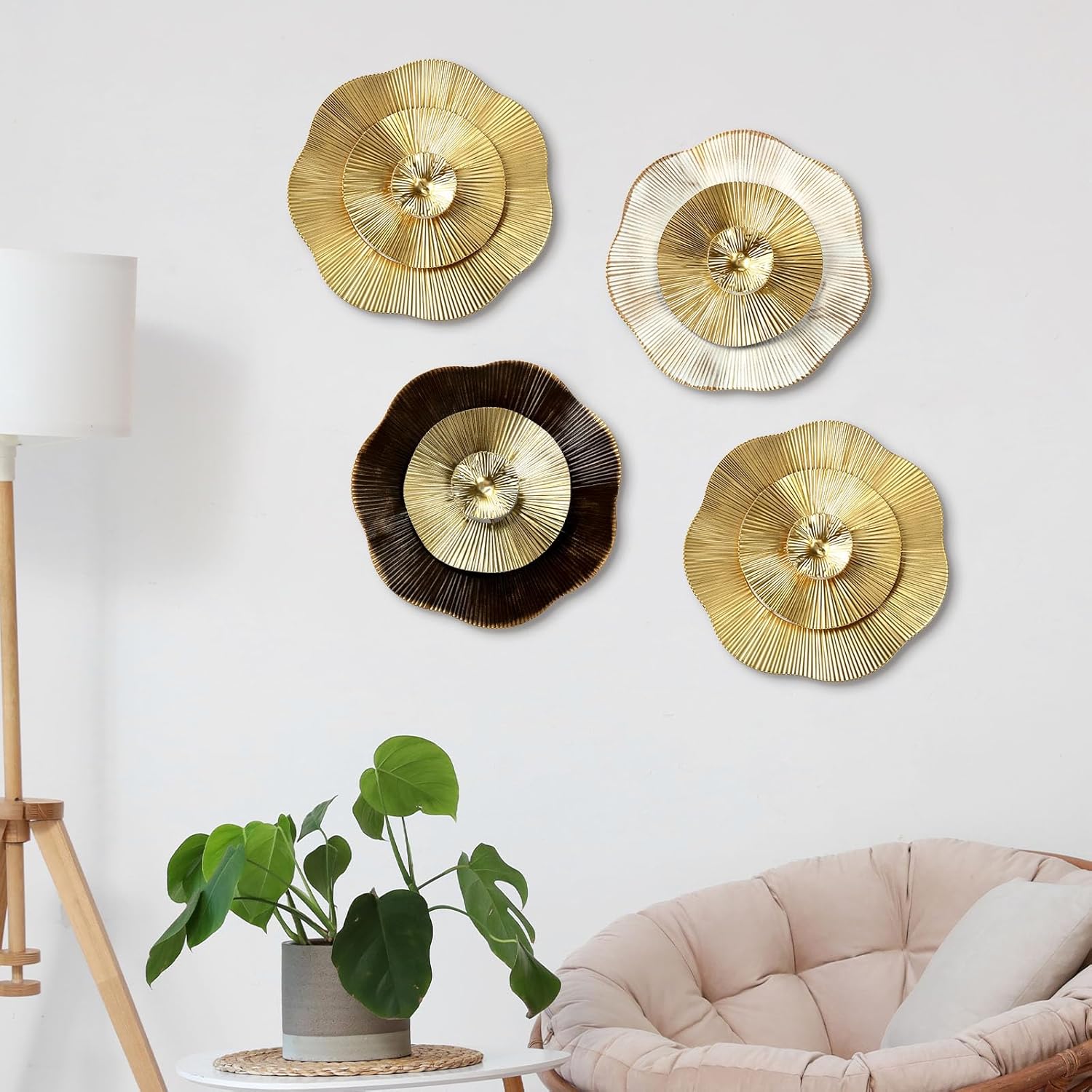Shimeyao 4 Pcs 12 Inch Gold Wall Decor Metal Flower Plate Art Hanging Wall Decorations Modern Metai Decorations for Home Living Room Office Bedroom Bathroom Floral Sculpture