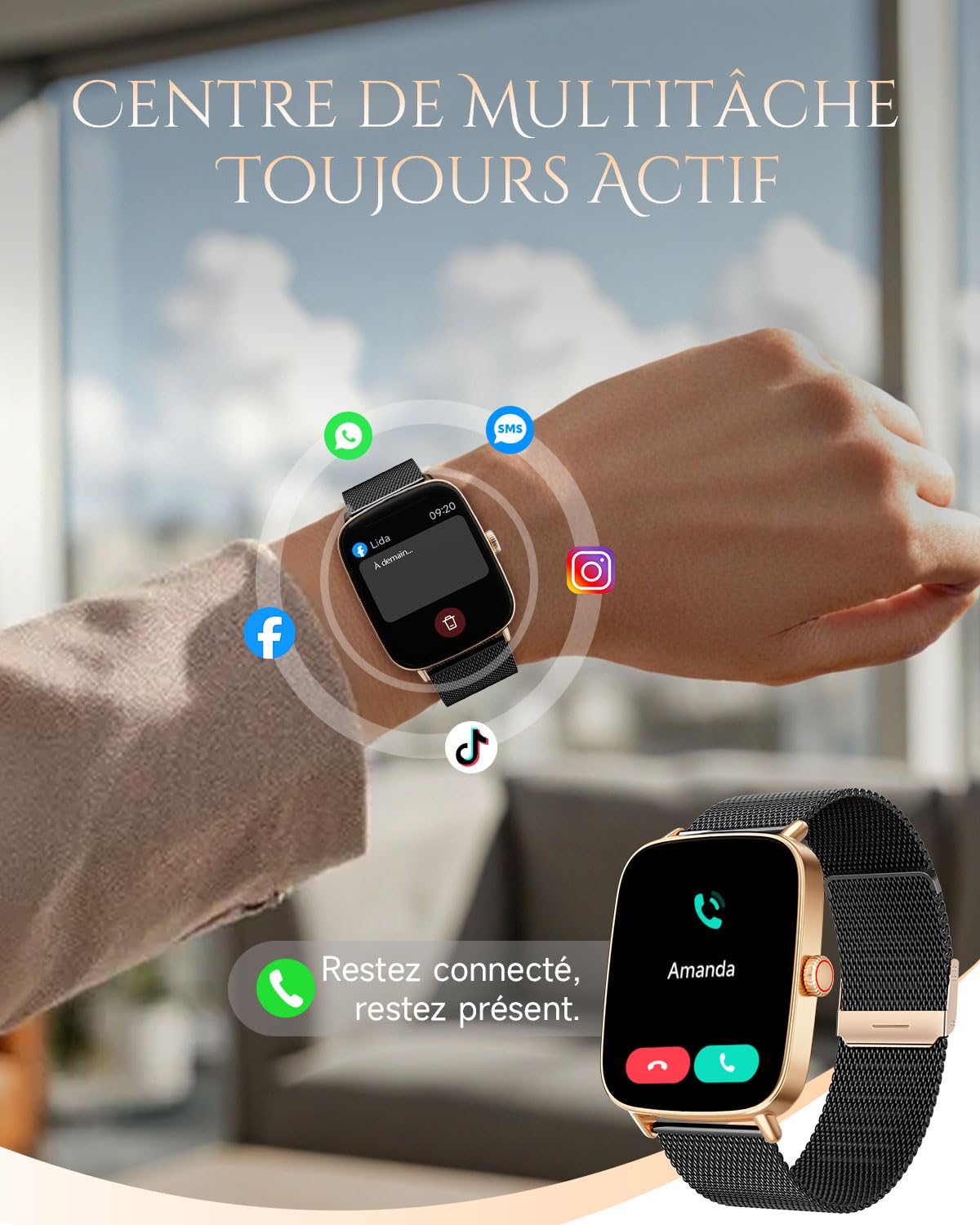 TOOBUR Montre Connectée Femme, Montre Podometre, Étanche IP68, Noir Doré | Montre de Sport Tendance, Montre Connectée Santé/Cardio/Sommeil, Smartwatch Compatible Android/iOS, Répondre Appels