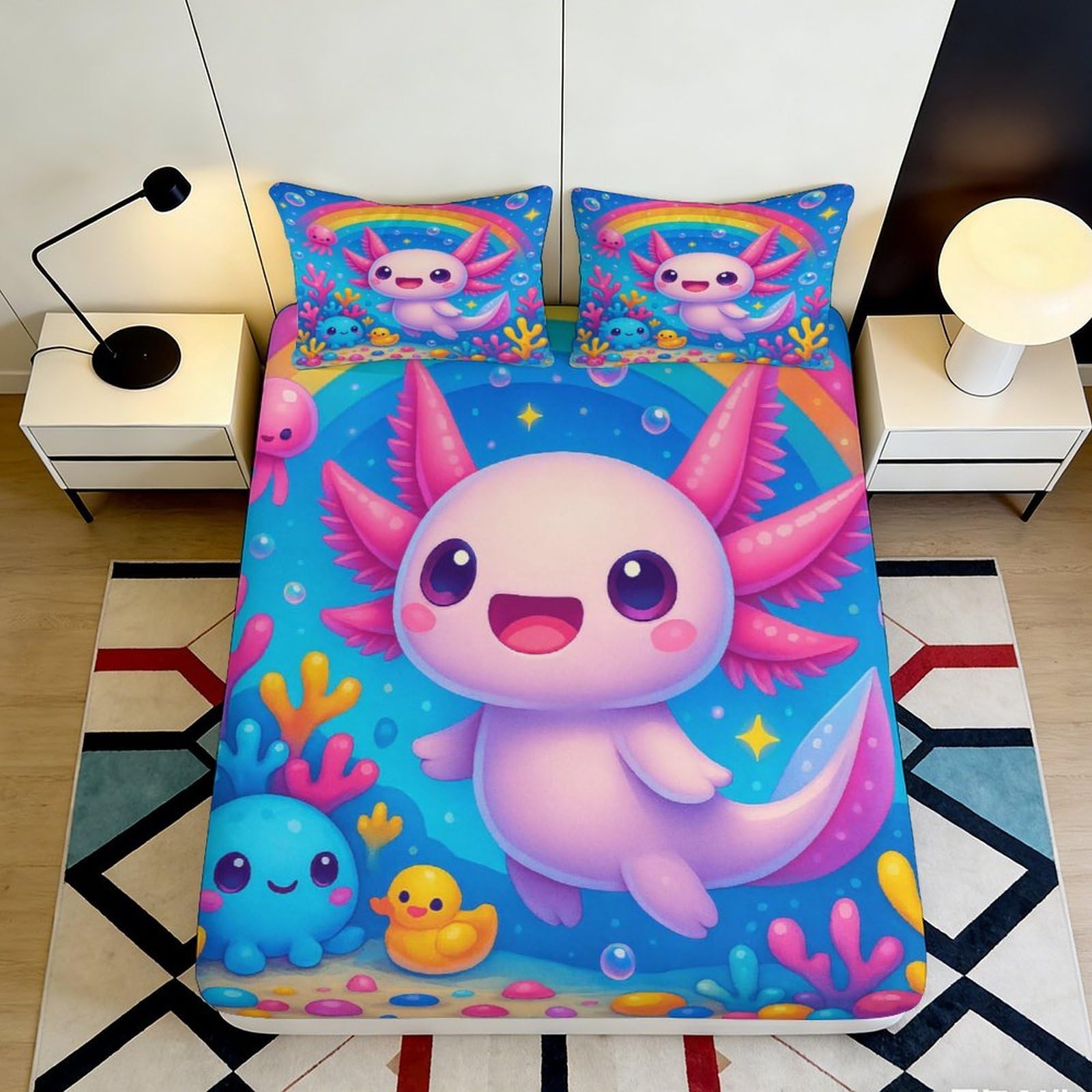 3D Printed Cute Axolotl Fitted Sheet Microfiber Soft Breathable Ocean Cartoon Mattress Cover for Bedroom Guest Room Decor 90x200x25cm