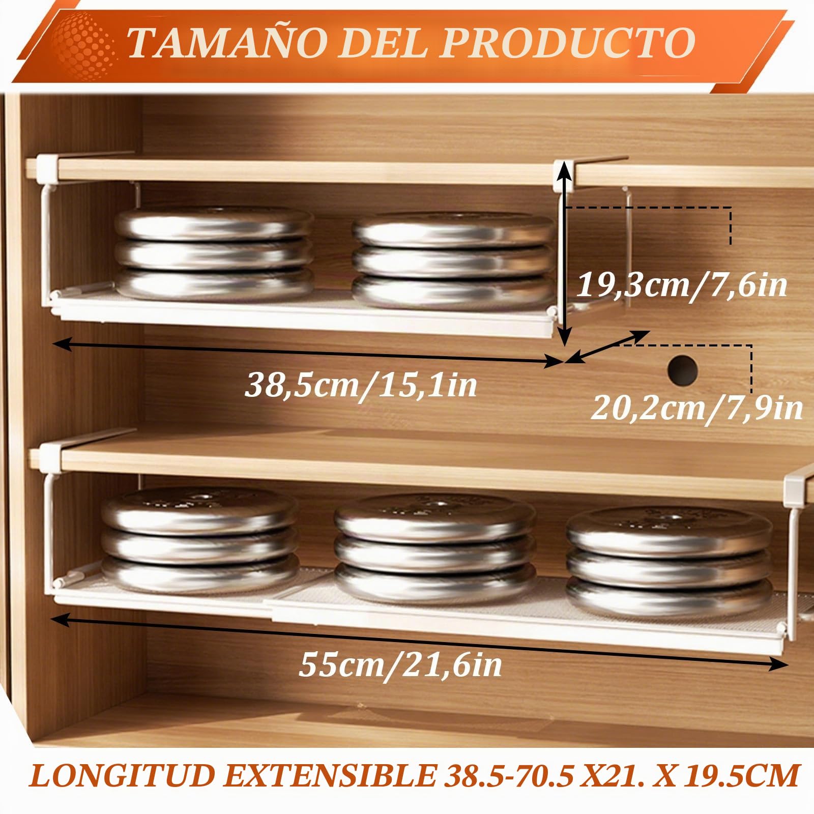 DAJAVE 2 cestas colgantes de metal con ajustable de 38 a 70 cm, cesta colgante extensible debajo de la estantería, estantería ajustable para debajo del armario de metal, organizador en armarios de