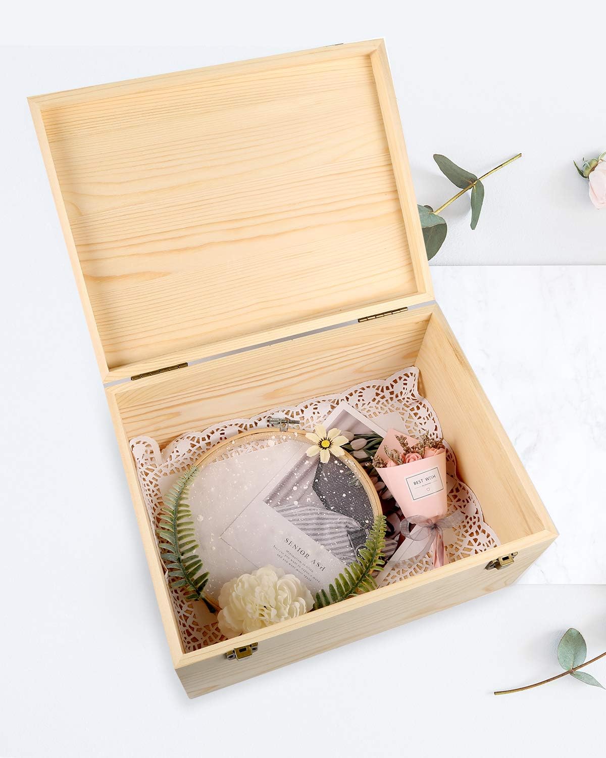 Woiworco Extral Large Wooden Box, 13 x 10 x 6.5 inch Natural Unfinished Pine Wood Boxes with Hinged Lid and Front Clasp for DIY Craft Art, Hobbies, Jewelry Box and Home Storage