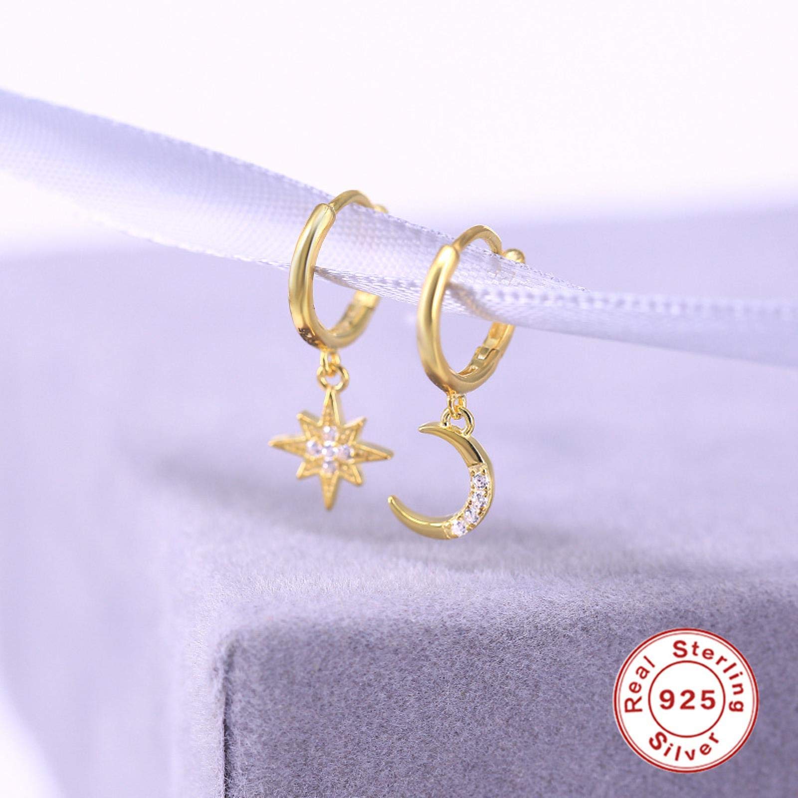 Orecchini A Bottone Stella E Luna LOKILOKI - Argento 925 Con Cristallo - Regalo Donna