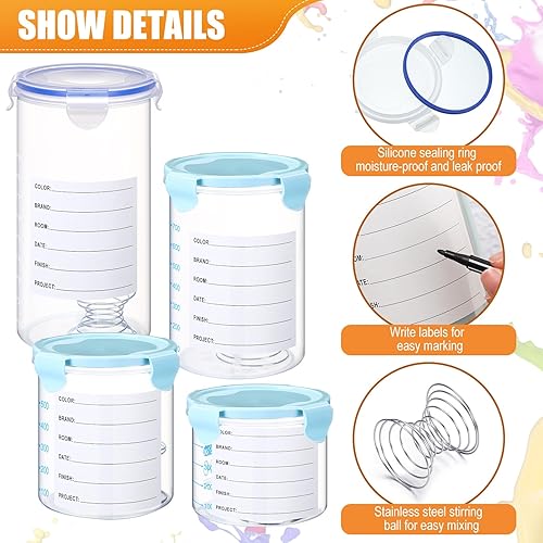Vista 23 de Skylety Juego de 8 recipientes de plástico para pintura con tapas, recipiente hermético de almacenamiento de pintura con bola mezcladora de acero