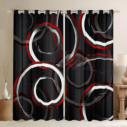 Miniatura 1 de Feelyou Cortinas geométricas rojas y negras para dormitorio sala de estar círculos abstractos remolinos cortinas opacas a rayas líneas de