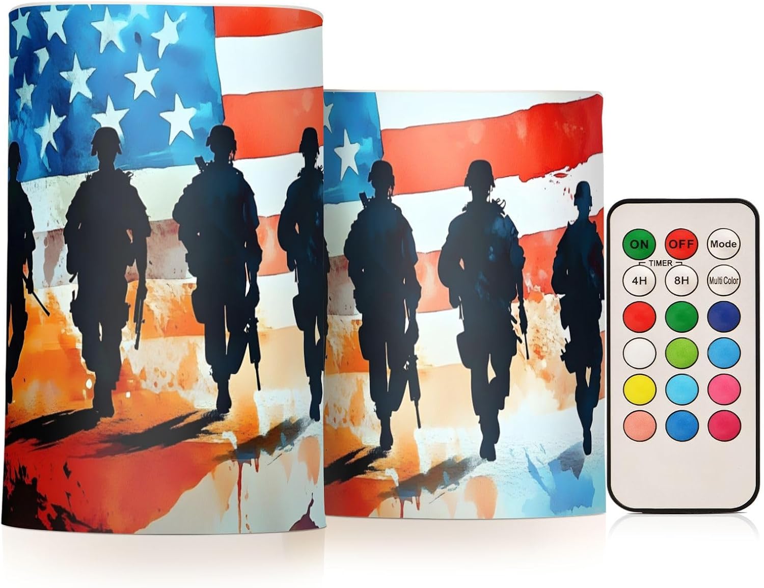 Soilder American Flag Flameless LED Candles with Remote - Set of 2, 3 Inch Battery-Operated Flickering Pillar Candles with Timer, No Batteries Included