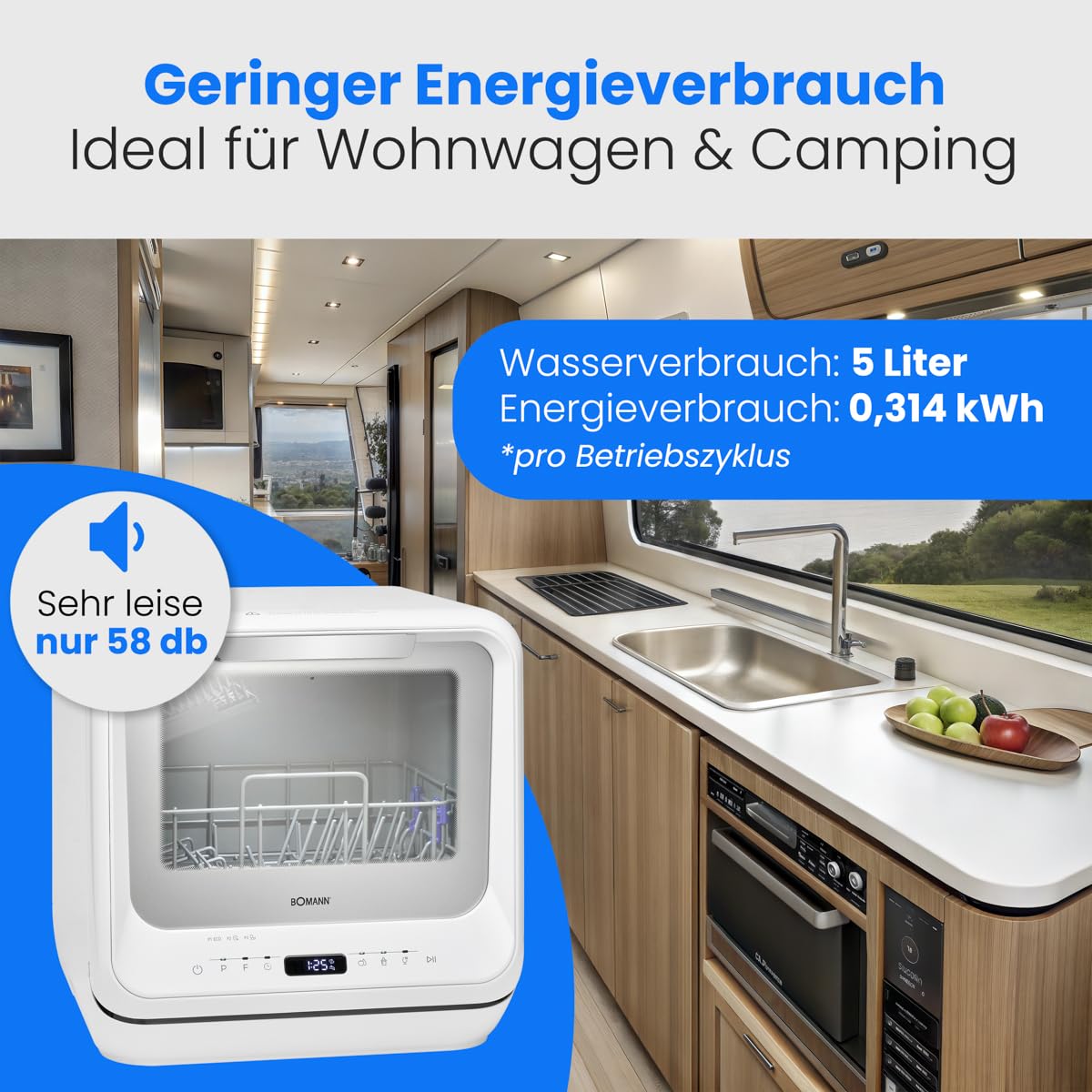 Bomann TSG 5704 Tischgeschirrspüler Mini Geschirrspüler 42cm 6 Programme 36-70°C leise Camping Spülmaschine