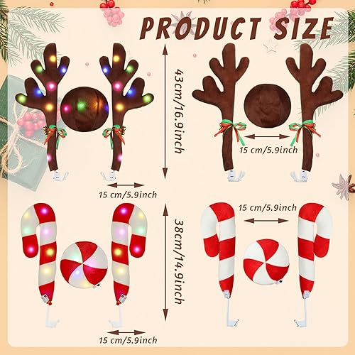 Miniatura 3 de 2 pares de cuernos de reno de Navidad y nariz con luces LED, decoración navideña para ventana de automóvil, cornamentas de reno, kit de automóvil