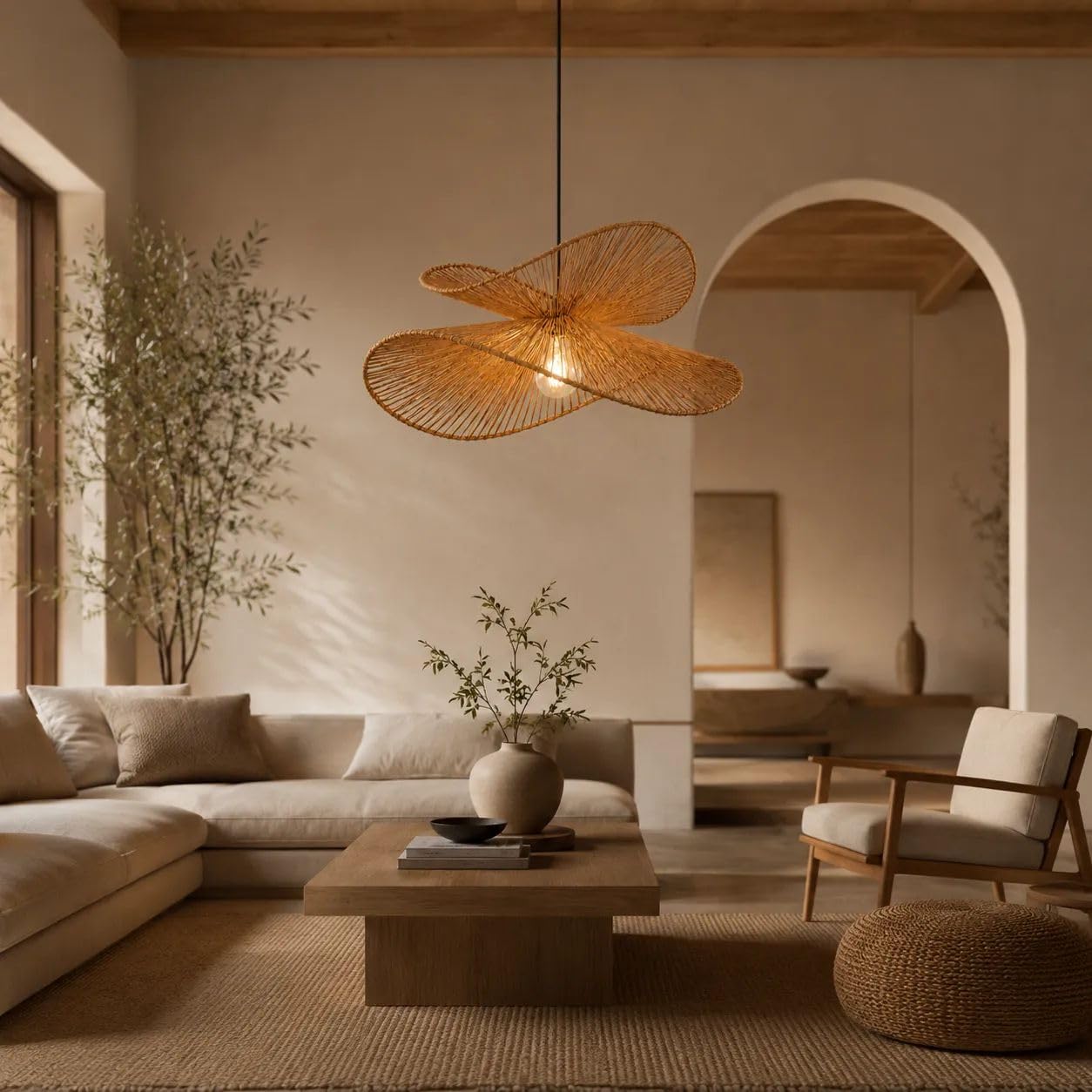 Lampadario Rattan E27 Sospensione Boho Japandi | Cavo Regolabile 100-1000 mm | Design Intrecciato a Doppio Livello | Lampada a Sospensione per Soggiorno Camera Ristorante (Bianco)