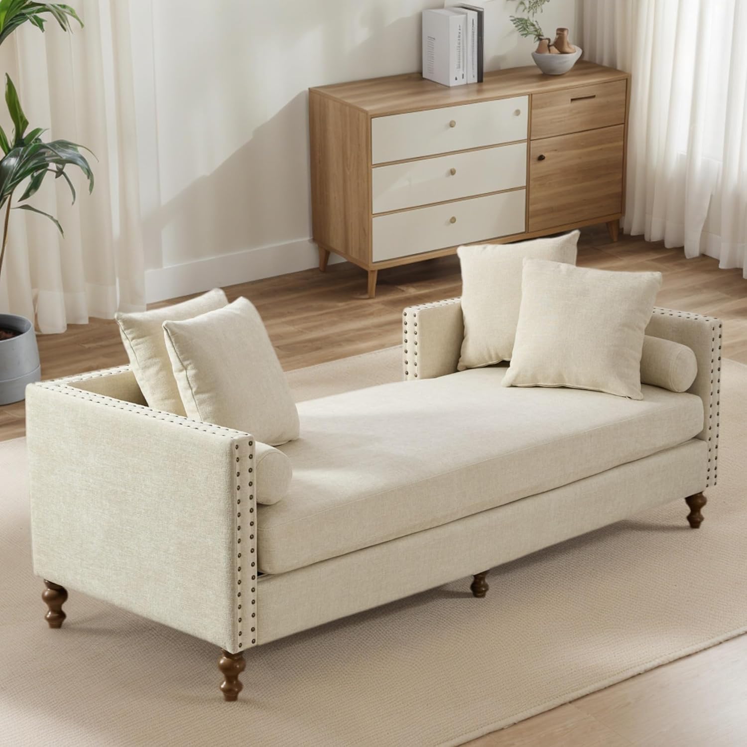 Mlmh & Kngwa 75" Upholstered Oversized Chaise Lounge Chair Indoor with Armrests & 6 Pillows & Solid Wood Legs for Bedroom Living Room, Chenille,Beige