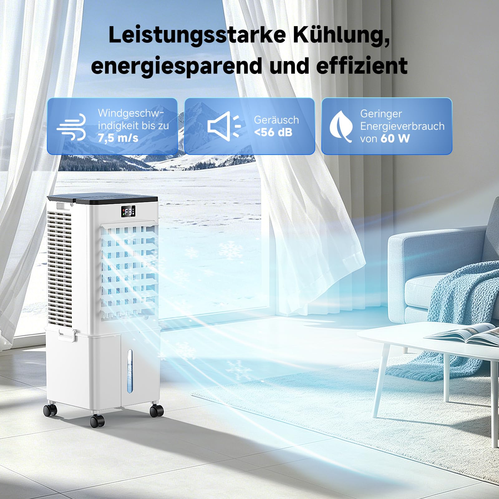 4-in-1 tragbares Klimagerät, Verdunstungsluftkühler mit 10L Wassertank, 4 Modi und 3 Geschwindigkeiten, 1-12h Timer mit Rollen, für Zuhause (Silberweiß)